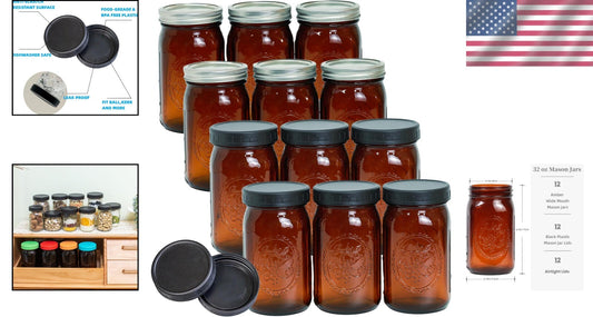 Elegant 12 Pack 32 oz Amber Mason Jars - Wide Mouth with Leak-Proof Lids