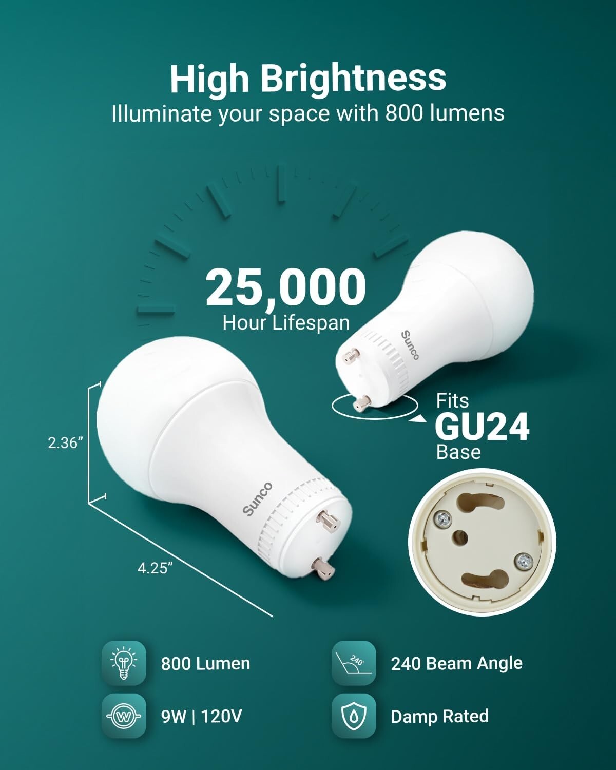 Energy-Efficient 9W GU24 LED A19 Bulbs - 16 Pack, Dimmable & Shatter Resistant