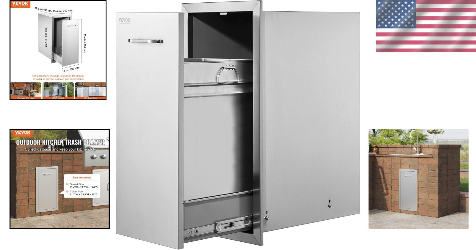 13.4"W Outdoor Kitchen Trash Bin - Durable Stainless Steel with Silent Rails