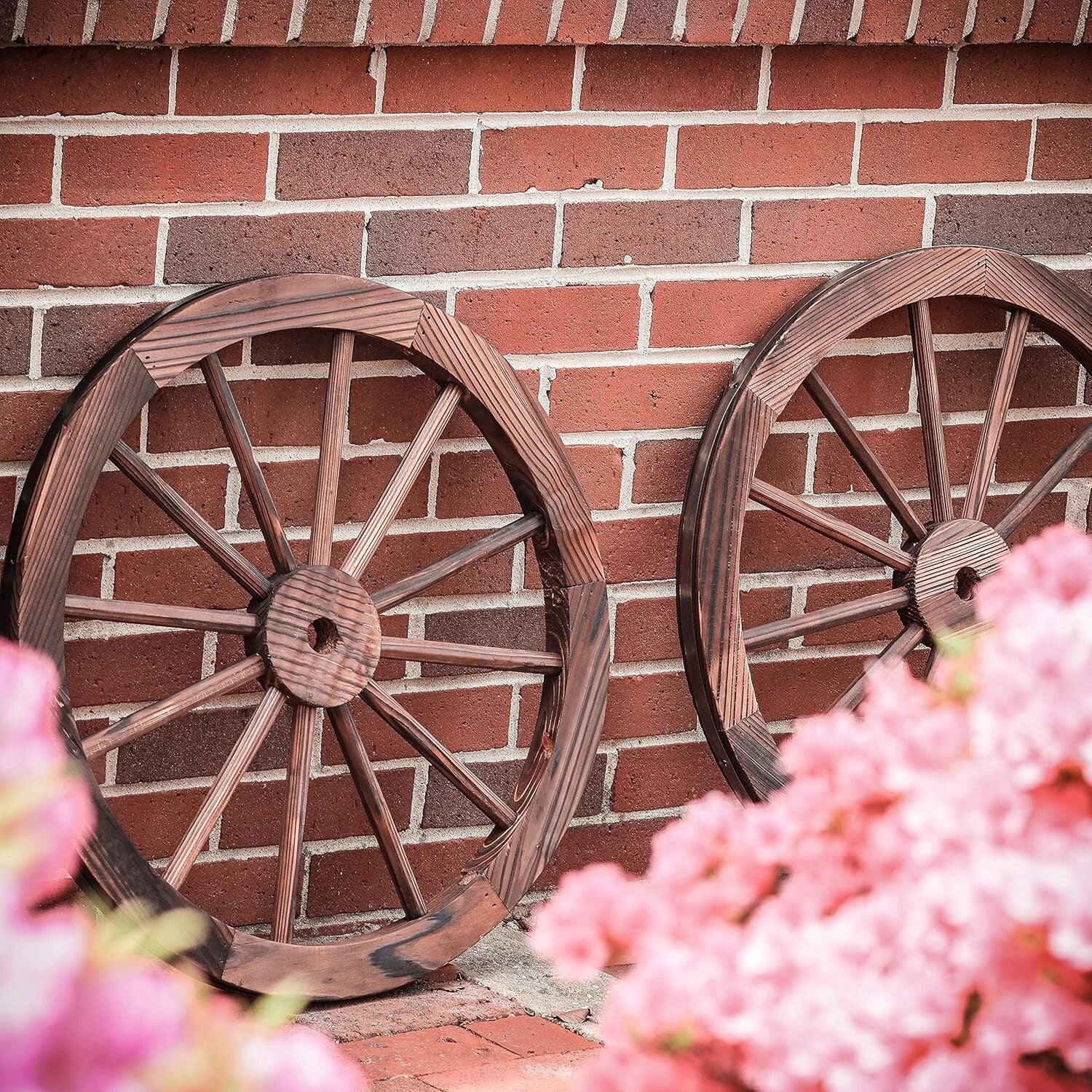 Decorative 24" Wooden Wagon Wheels with Steel Rim - Set of 2 for Indoor/Outdoor