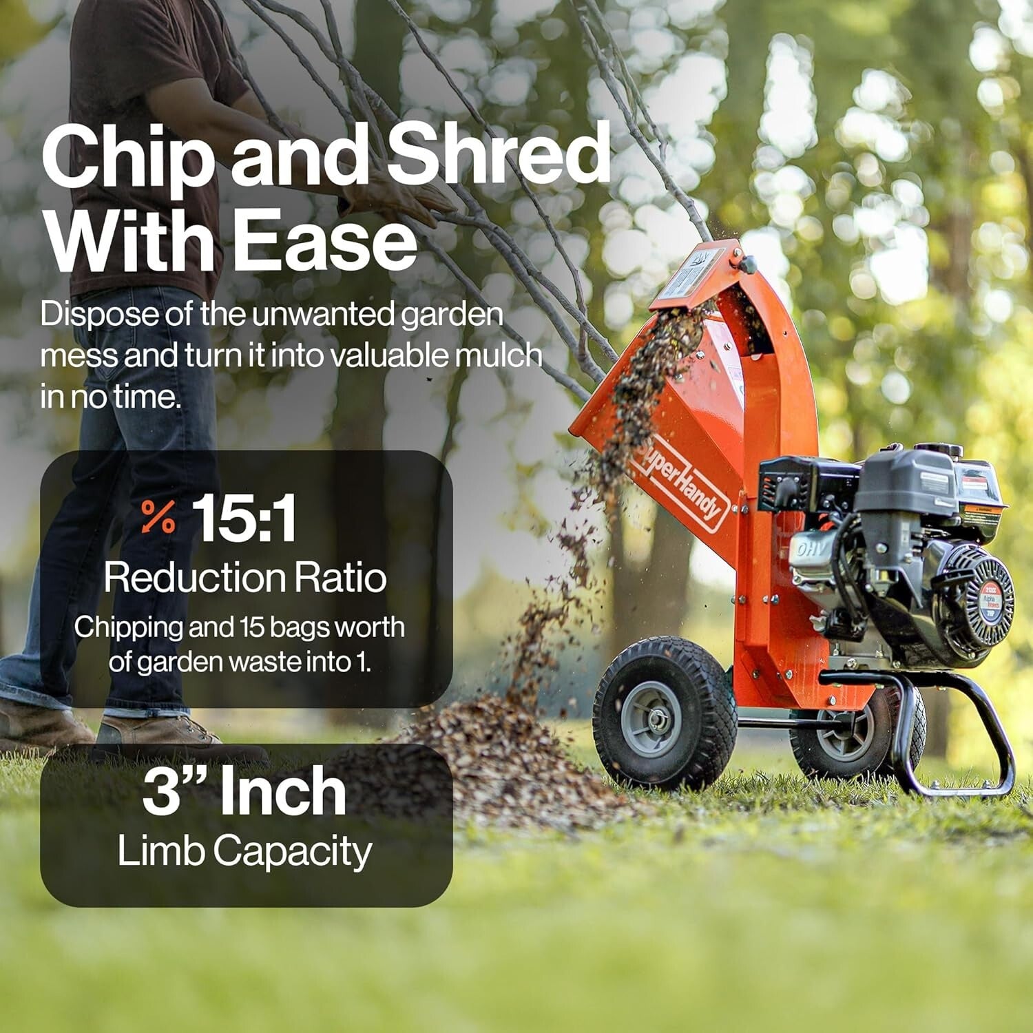 Powerful Mini Wood Chipper Shredder - 85 lbs, 15:1 Reduction Ratio, Gas Powered