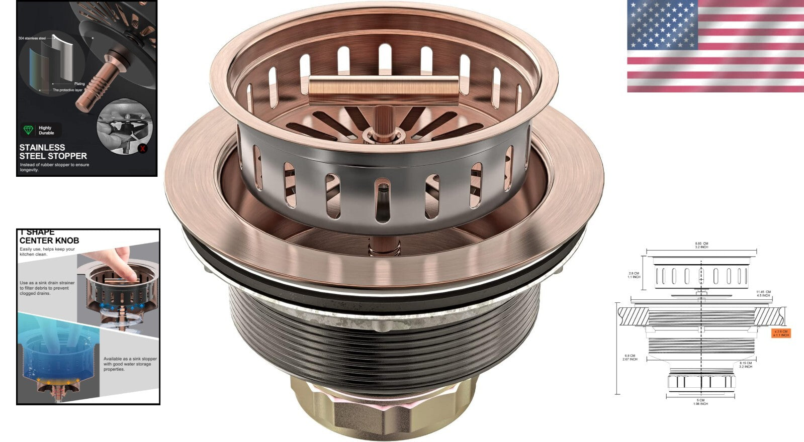 Elegant Copper Kitchen Sink Drain Kit with Removable Strainer for Easy Cleaning