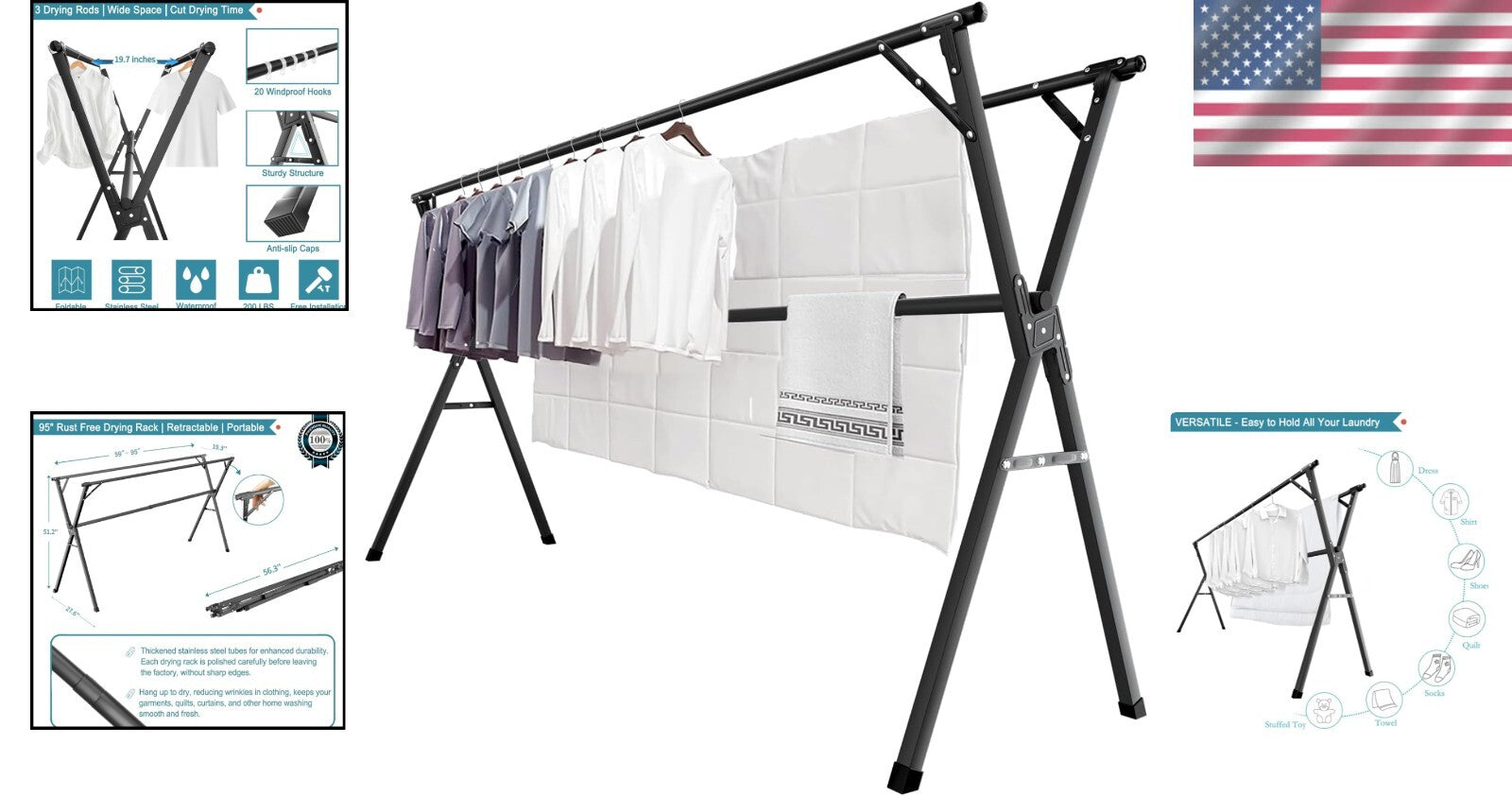 Collapsible Indoor/Outdoor Clothes Drying Rack - 300 lb Capacity & Non-Slip Feet