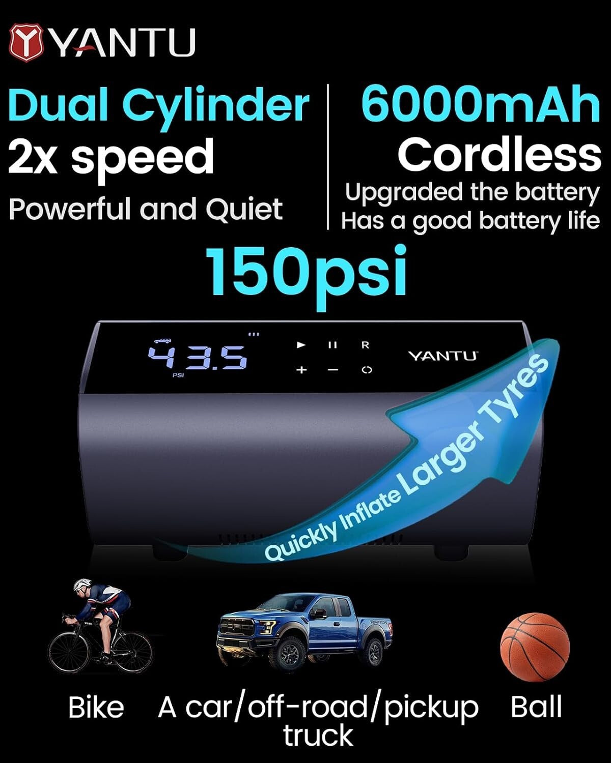 Portable 12V Dual Cylinder Tire Air Compressor with Automatic Shut-Off & Display