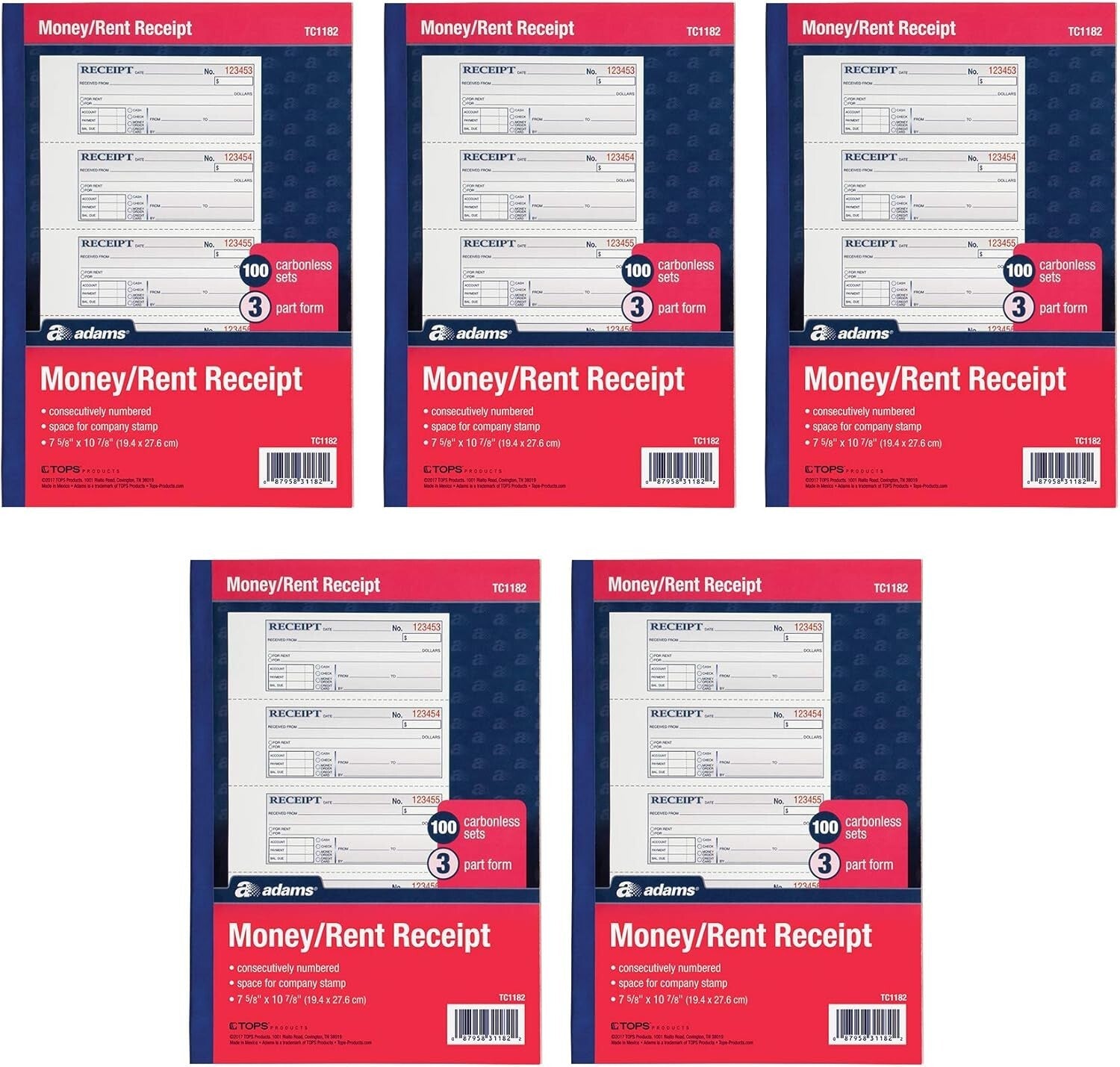 Enhanced Carbonless Money & Rent Receipt Books - 5 Pack, 100 Sets Each