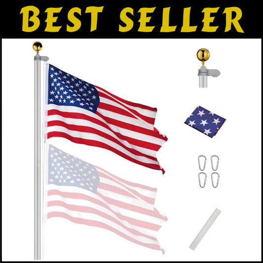 Durable 30FT Aluminum Flagpole with 3'x5' American Flag - Fly 2 Flags Easily