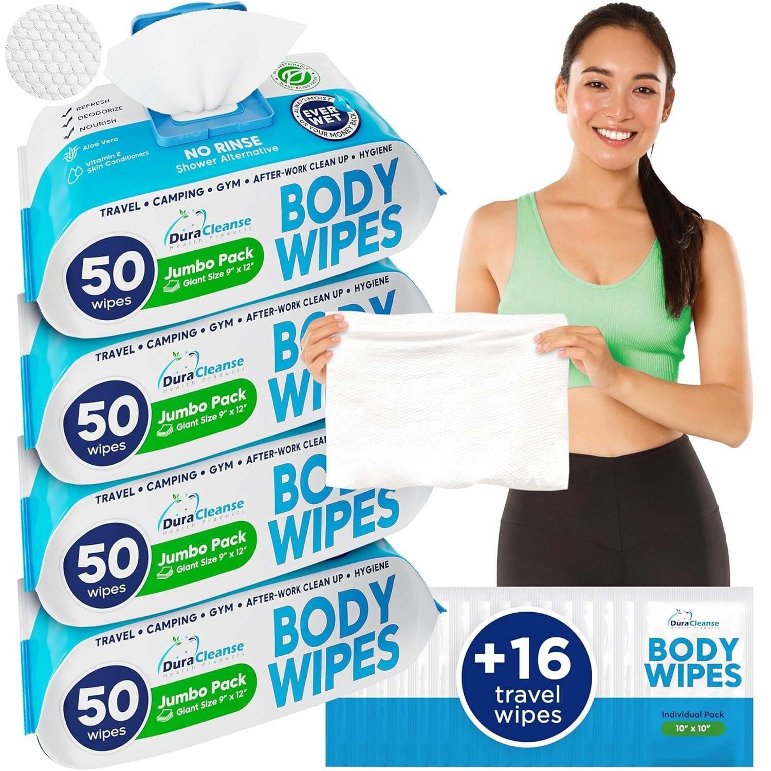 XL No Rinse Body Wipes - 216 Count Shower & Travel Bath Wipes for Sensitive Skin