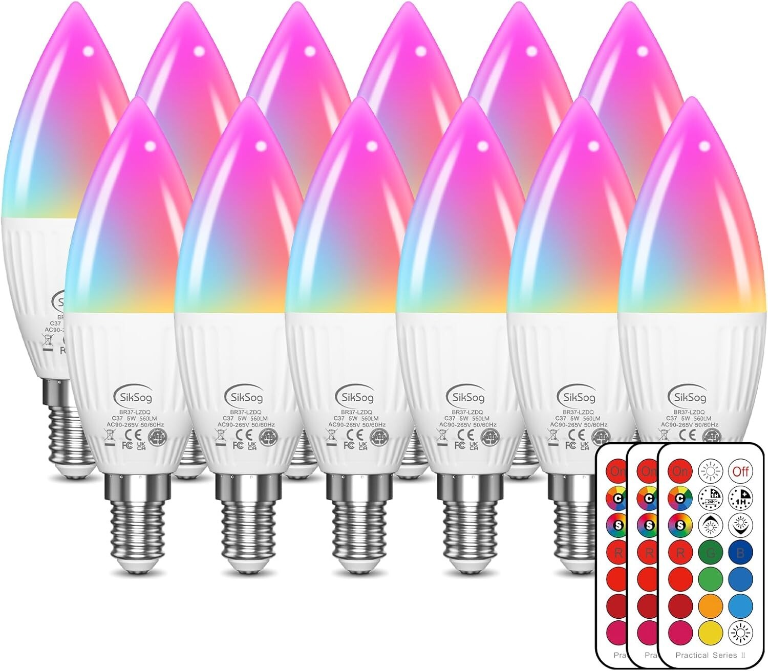 12-Pack Color Changing E12 LED Candelabra Bulbs with Remote Control - 560 Lumens