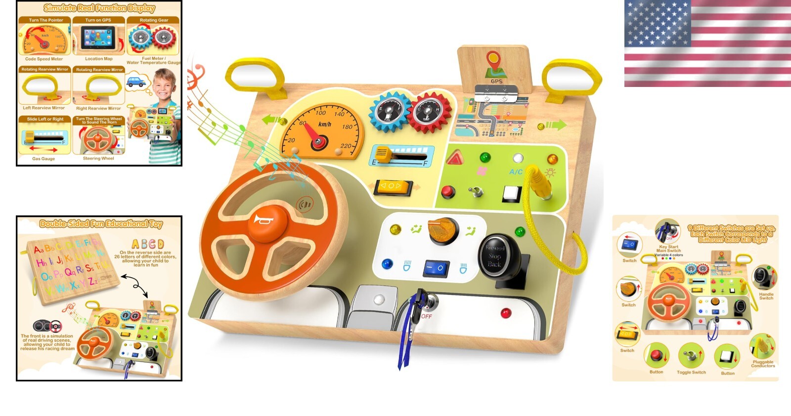 Montessori Toddler Busy Board with Letters and Interactive Features for Ages 1+