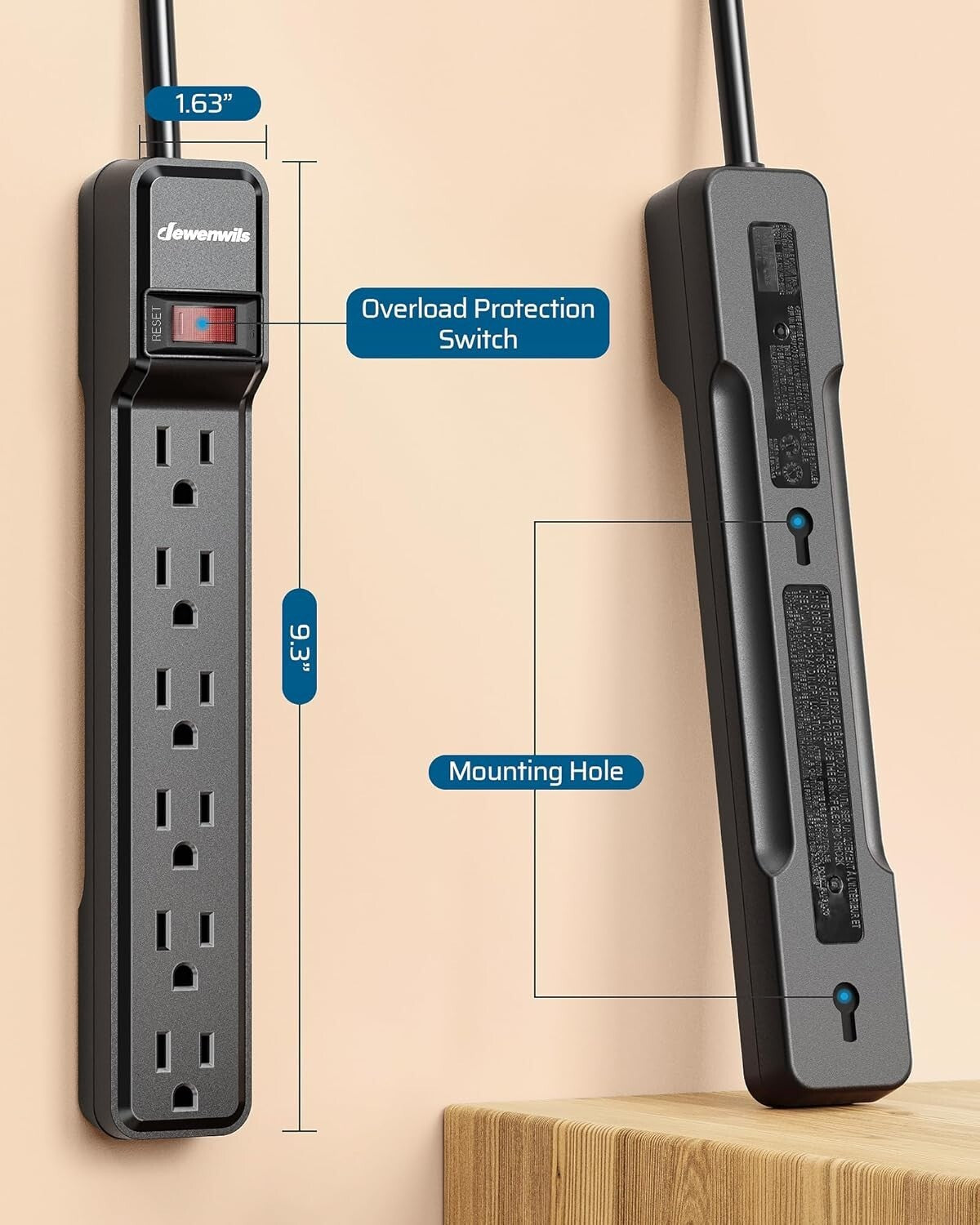 15FT Power Strip with 6 Outlets and Circuit Breaker - UL Listed Safety Features