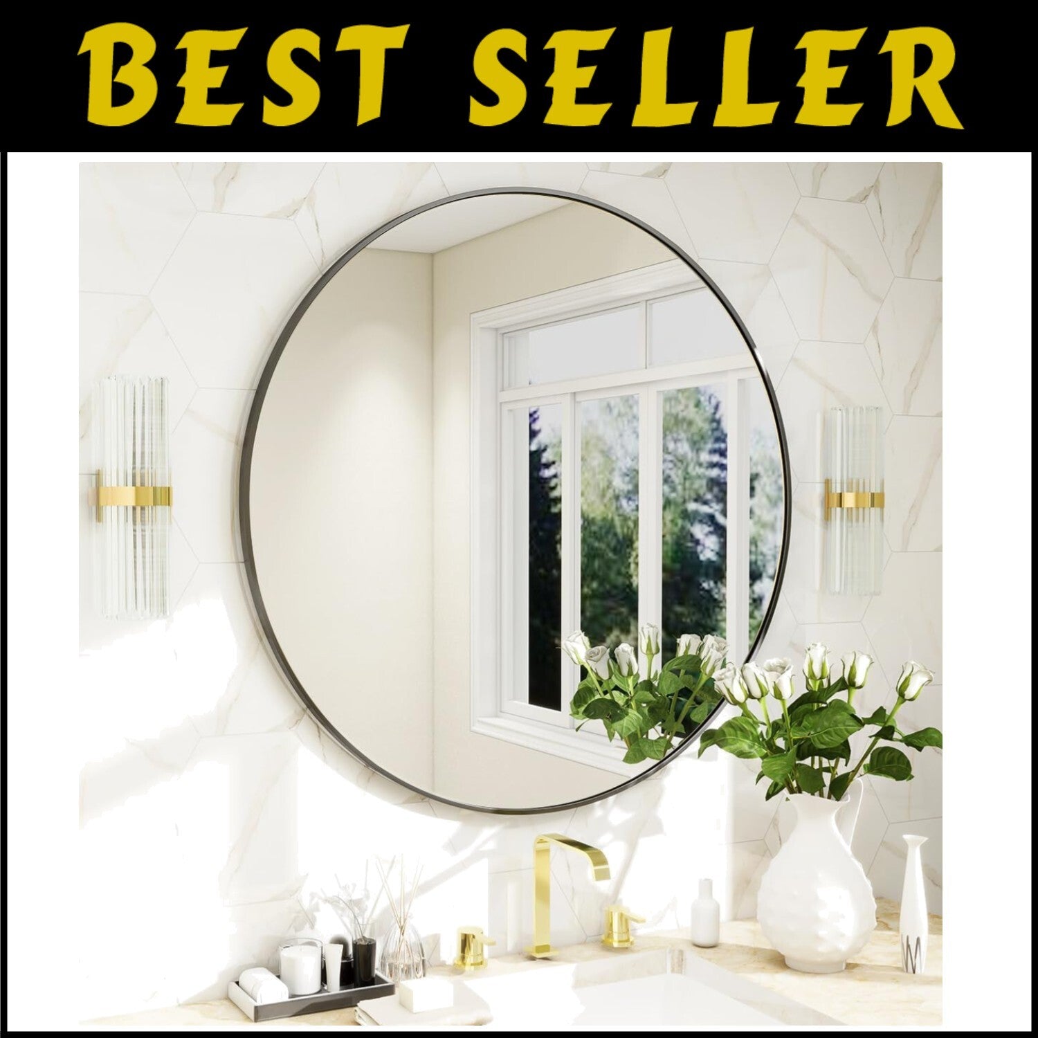 Elegant 24 Inch Round Mirror with Black Metal Frame for Modern Home Decor