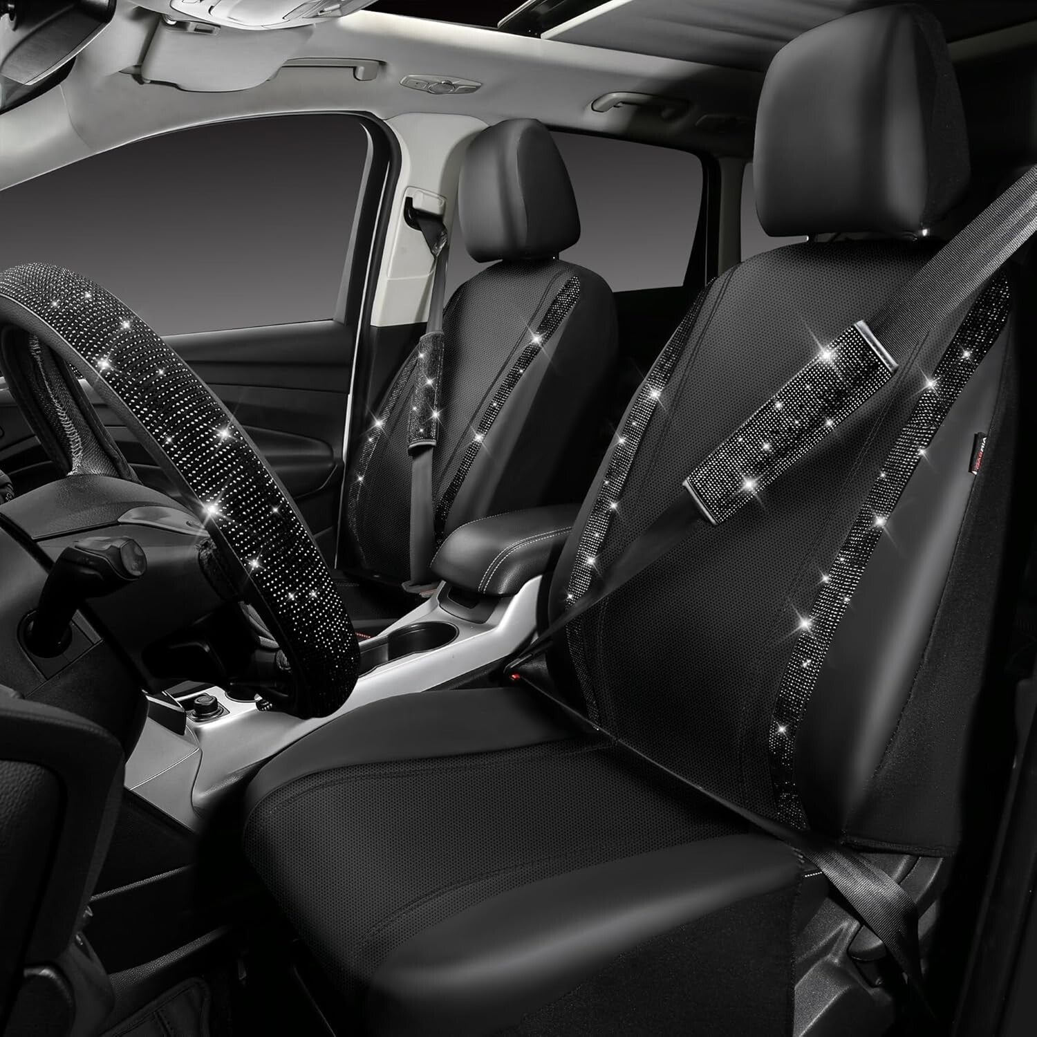 Luxury Bling Rhinestone Seat Covers & Steering Wheel Cover - Universal Fit Set