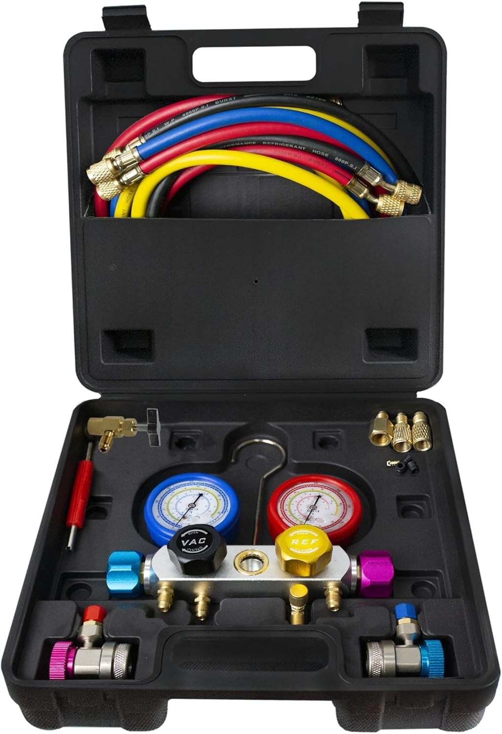 Heavy-Duty AC Manifold Gauge Set with Color-Coded Hoses - Quick Connection
