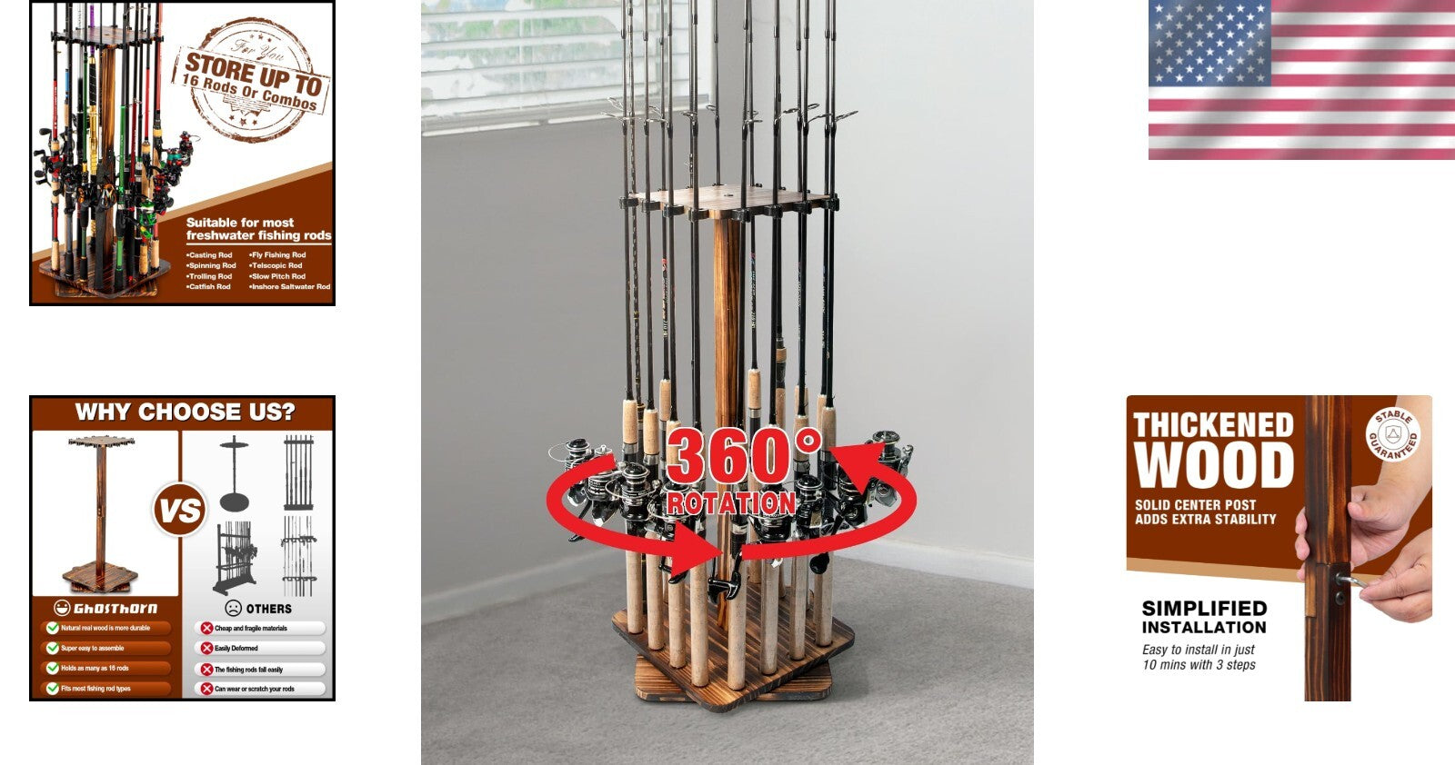 Solid Wood Fishing Rod Holder - 16-Rod Capacity with 360-Degree Rotation
