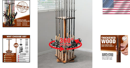 Solid Wood Fishing Rod Holder - 16-Rod Capacity with 360-Degree Rotation