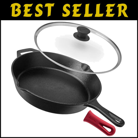 Versatile Indoor/Outdoor Cooking - Cast Iron Fry Pan with Silicone Handle & Lid