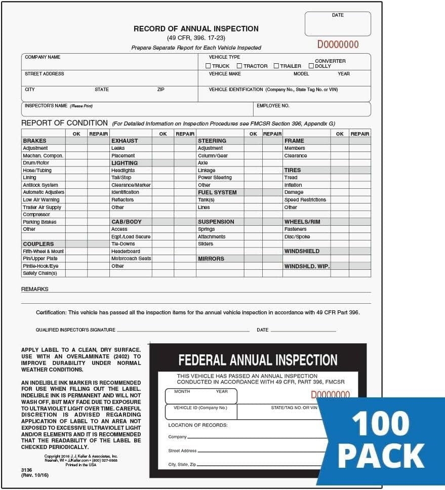 2-Ply Carbonless Annual Inspection Forms with Decals - 100 Count for Safety
