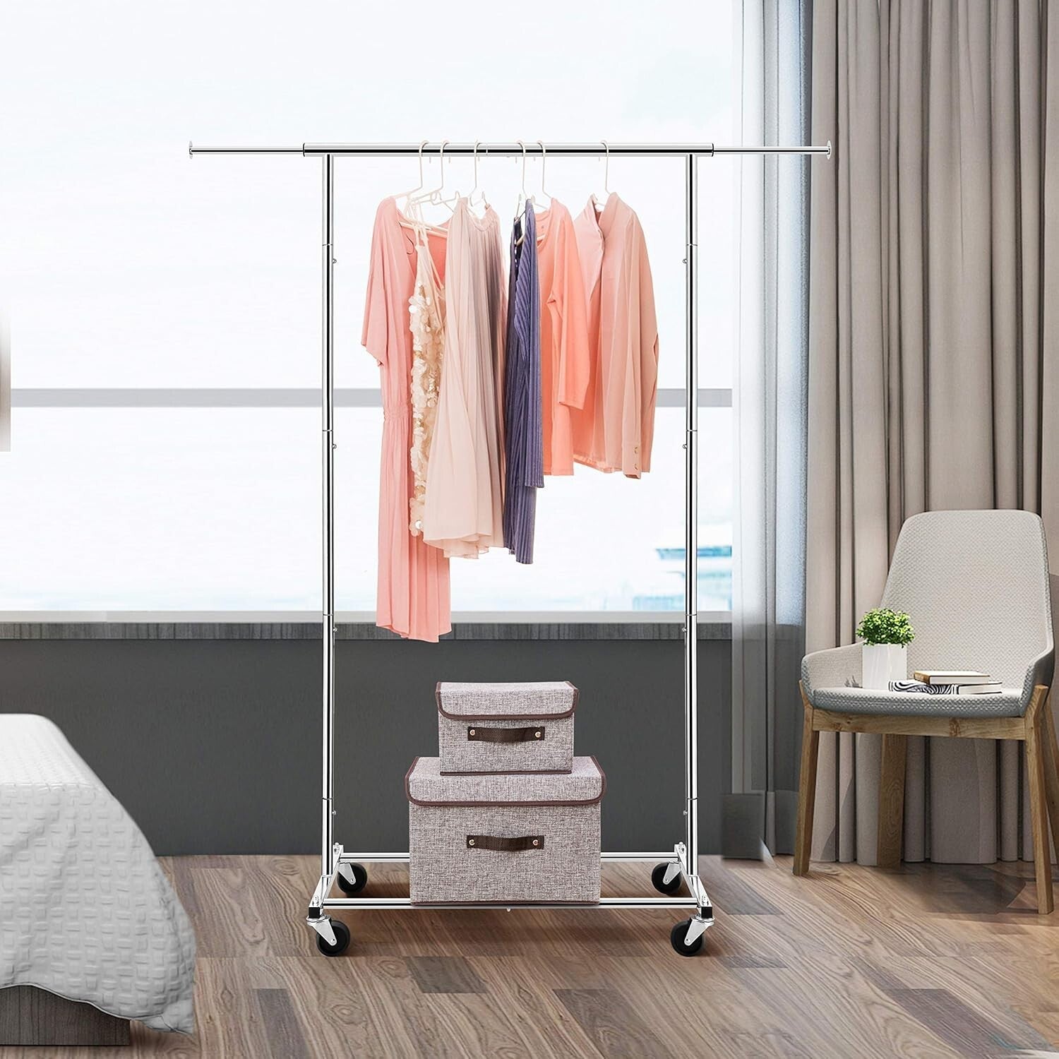 Chrome Garment Rack on Wheels - Adjustable Hanging Organizer for Stylish Storage