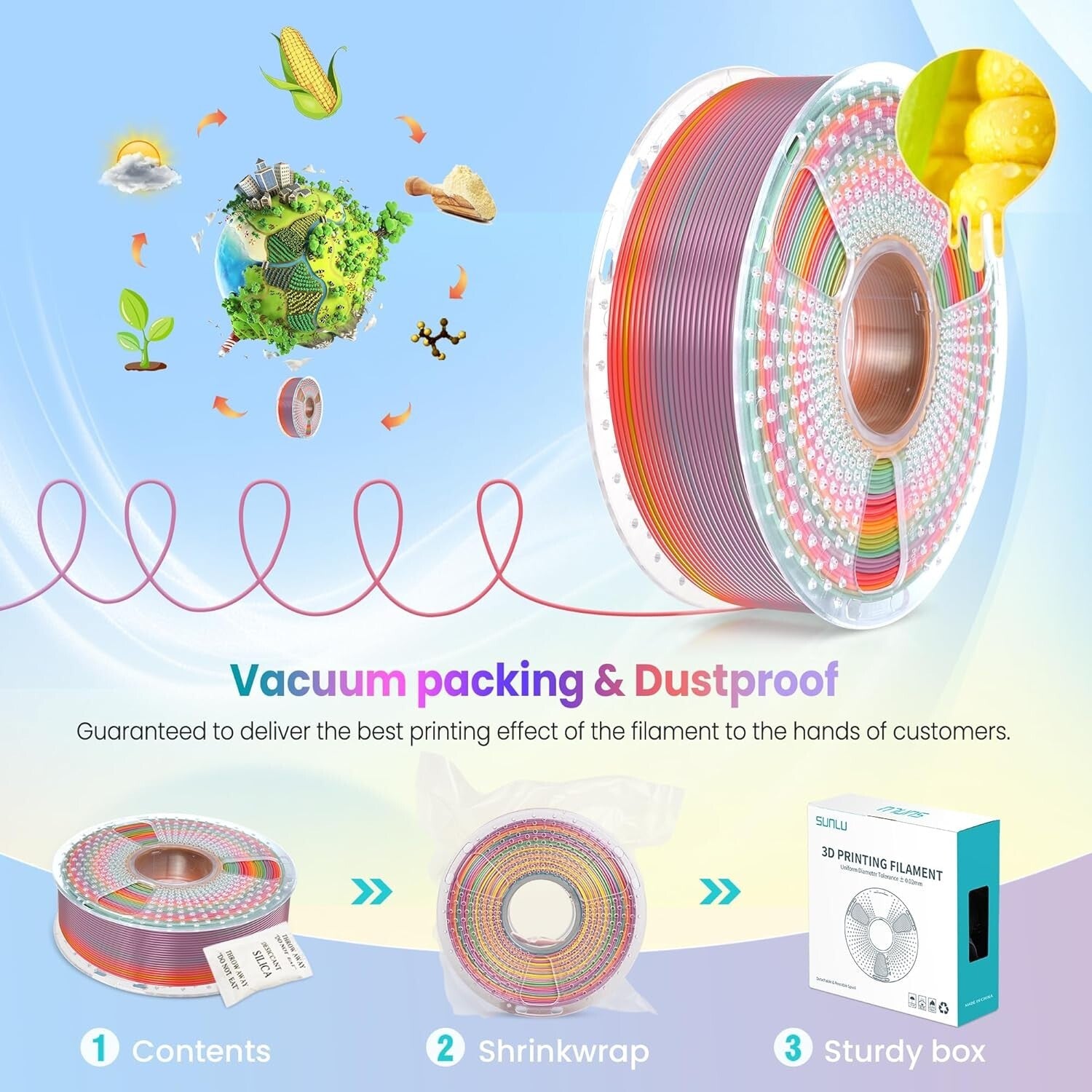 Easy-to-Use Rainbow PLA Filament 4 Pack - Gradient Colors 1.75mm, Vacuum Packed