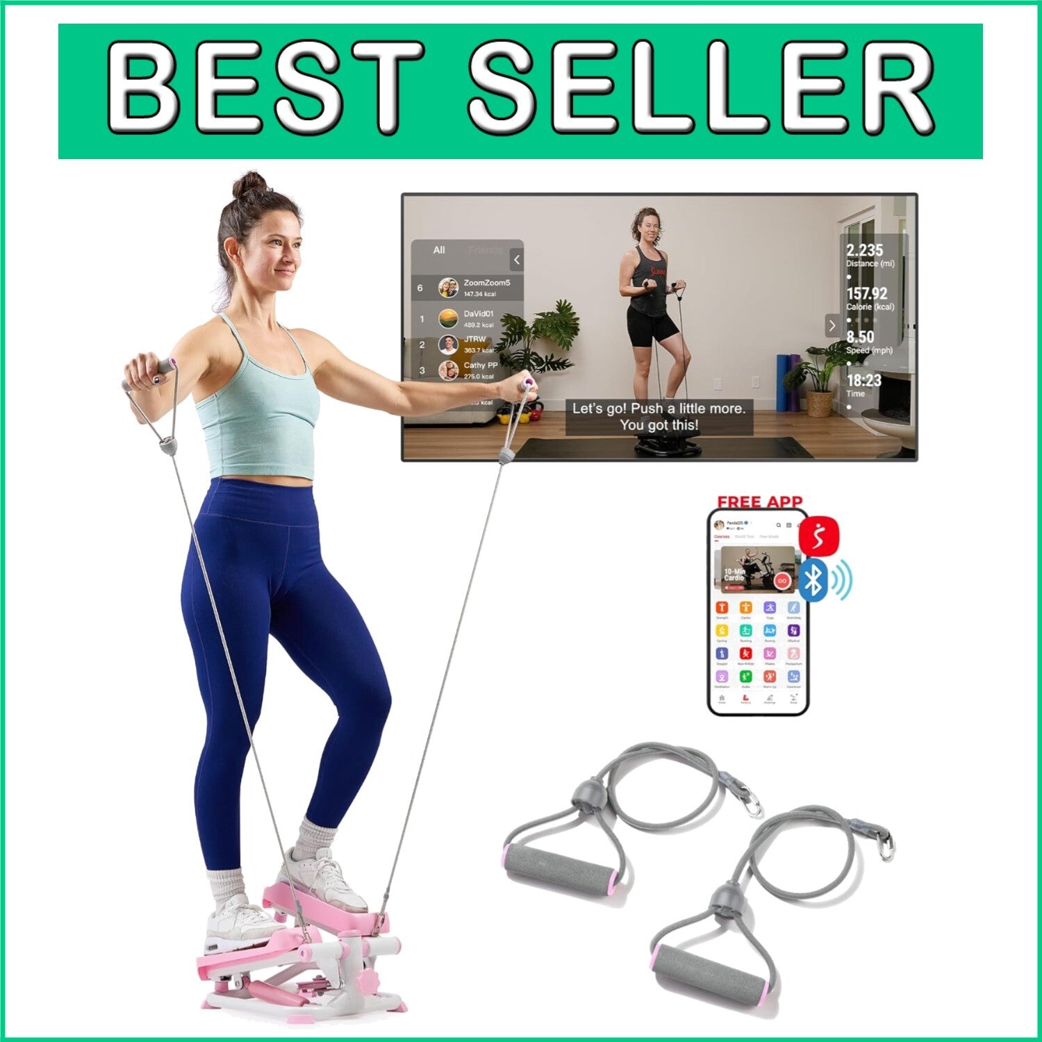 Full-Body Cardio Machine with Resistance Bands & SunnyFit App Connection