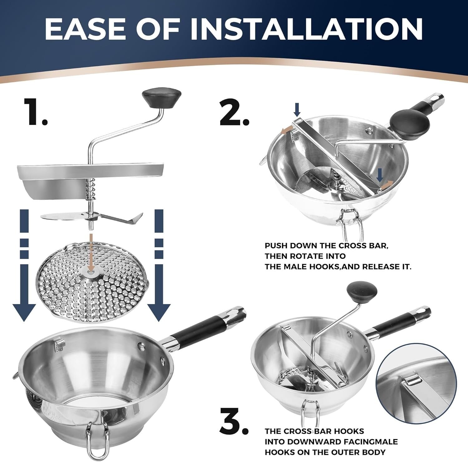 Durable Stainless Steel Food Mill with Three Milling Discs & Non-Slip Design