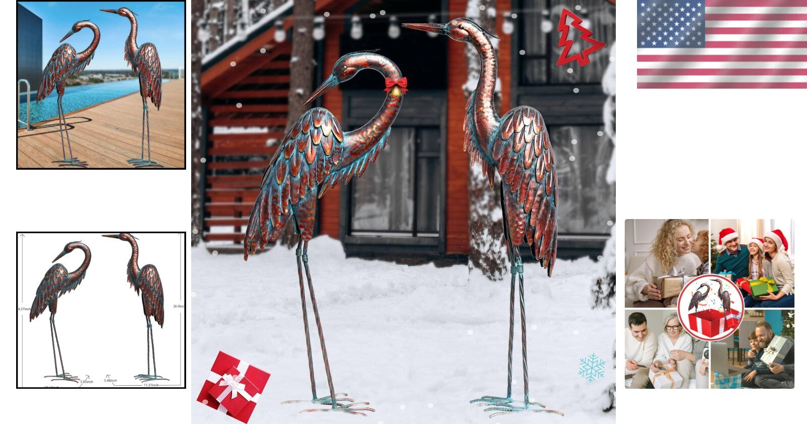 Freestanding Patina Metal Crane Statues - Majestic Garden Decor for All Seasons