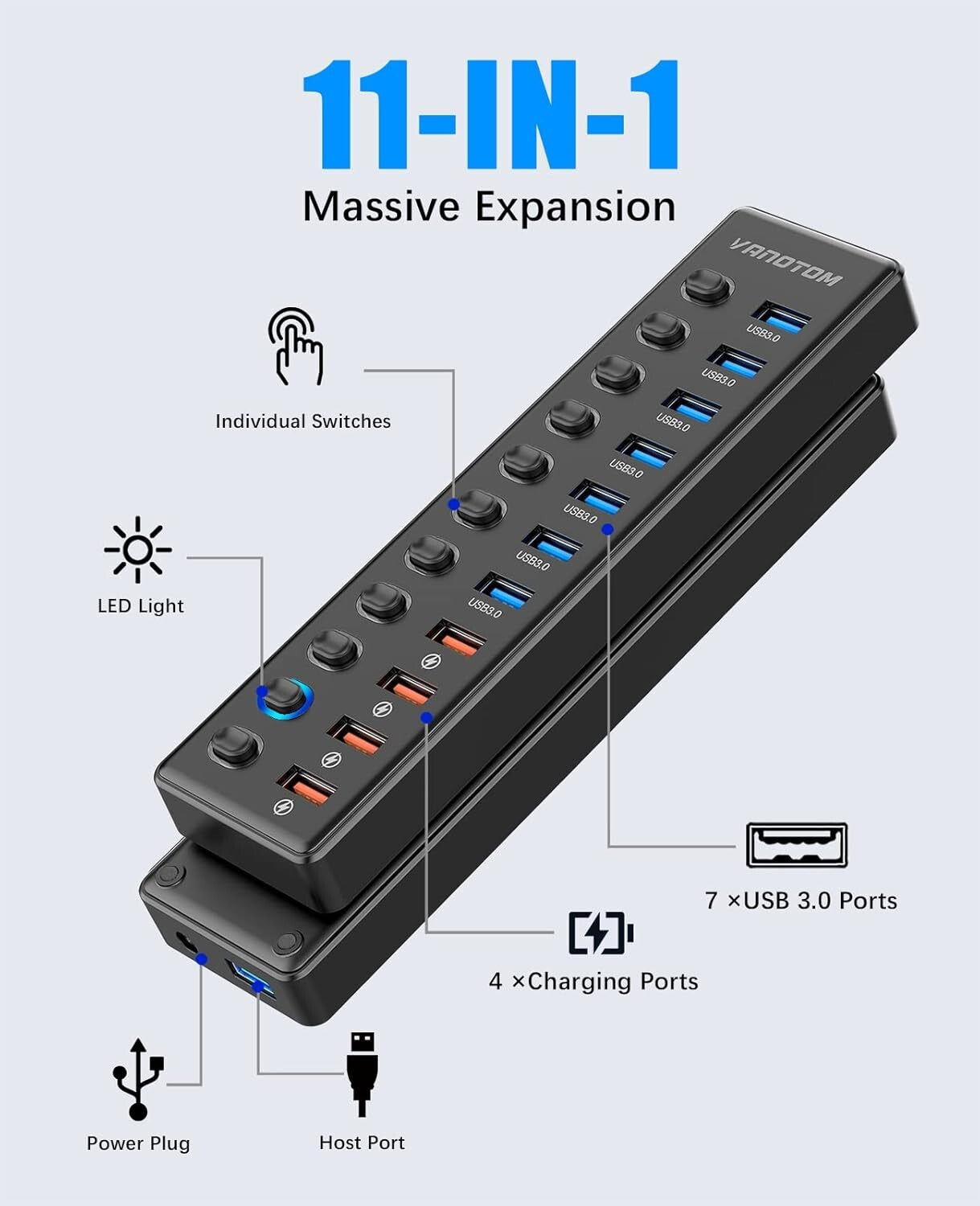 Powered 11-Port USB Hub 3.0 Splitter with Smart Charging & Individual Switches
