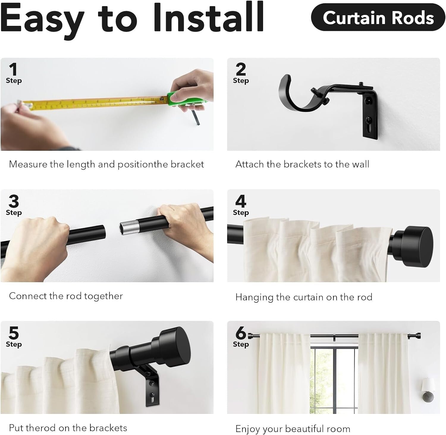 Adjustable Non-Bending Black Curtain Rod Set 2 Pack for Windows 48-84 Inches