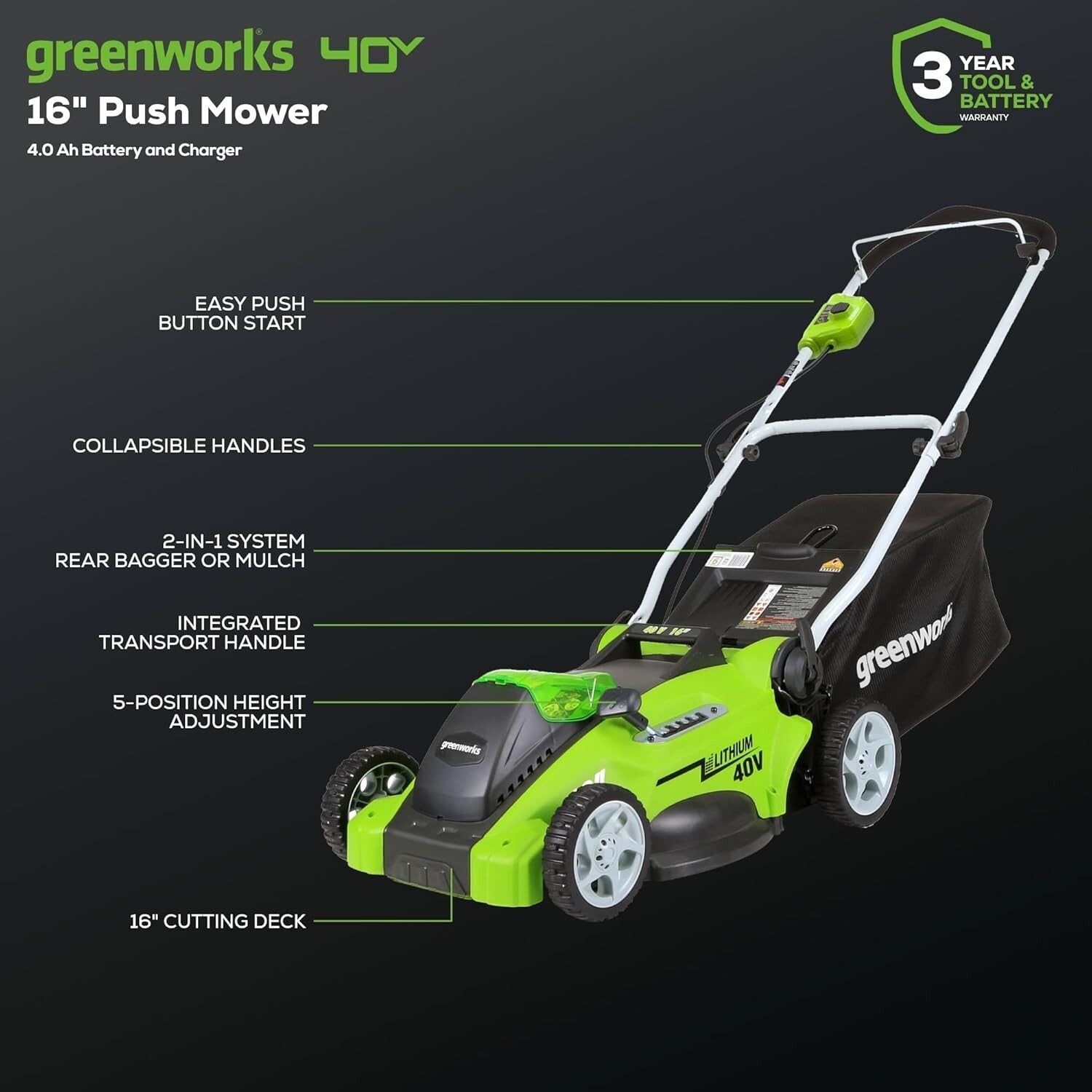 Efficient 40V Cordless Lawn Mower - Lightweight, Quick Start, 45-Minute Runtime
