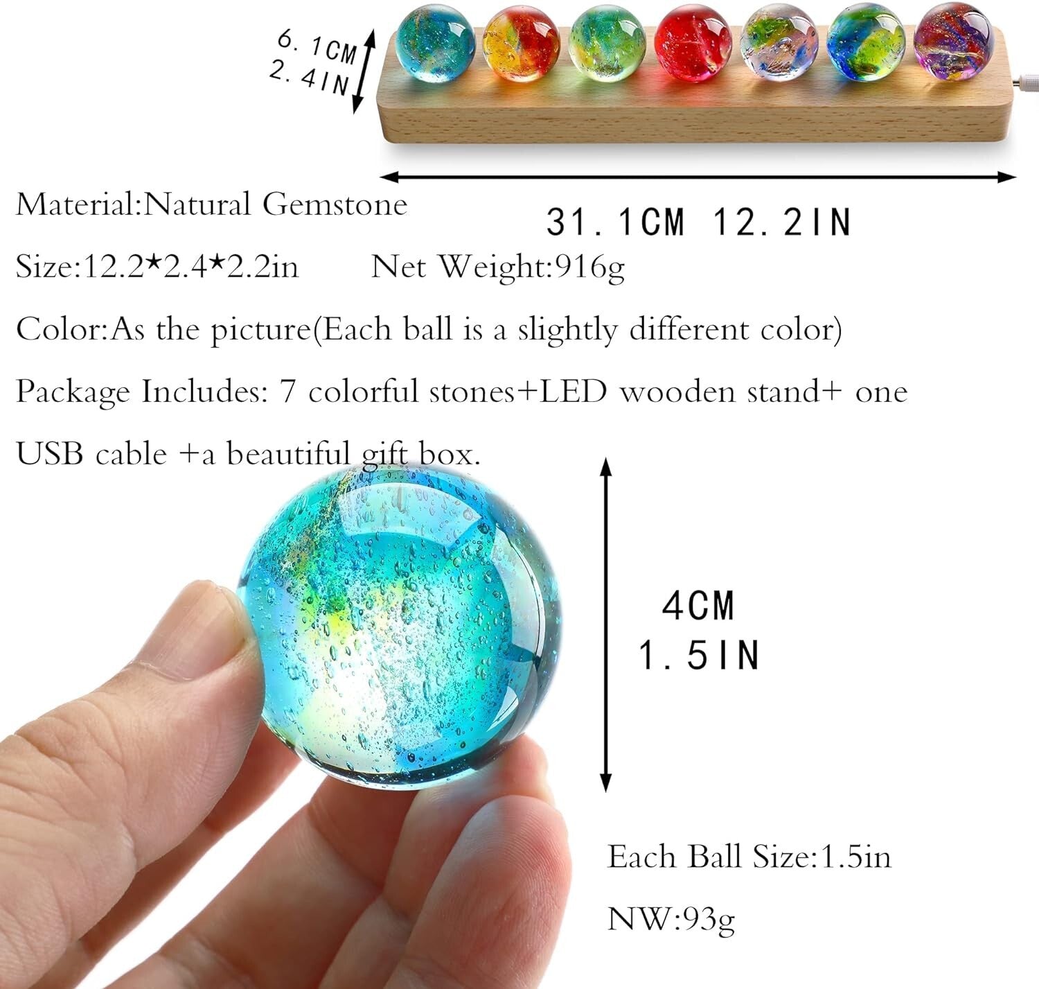 Multicolor 7 Chakra Crystal Spheres on Wooden LED Base - Perfect Gift Set