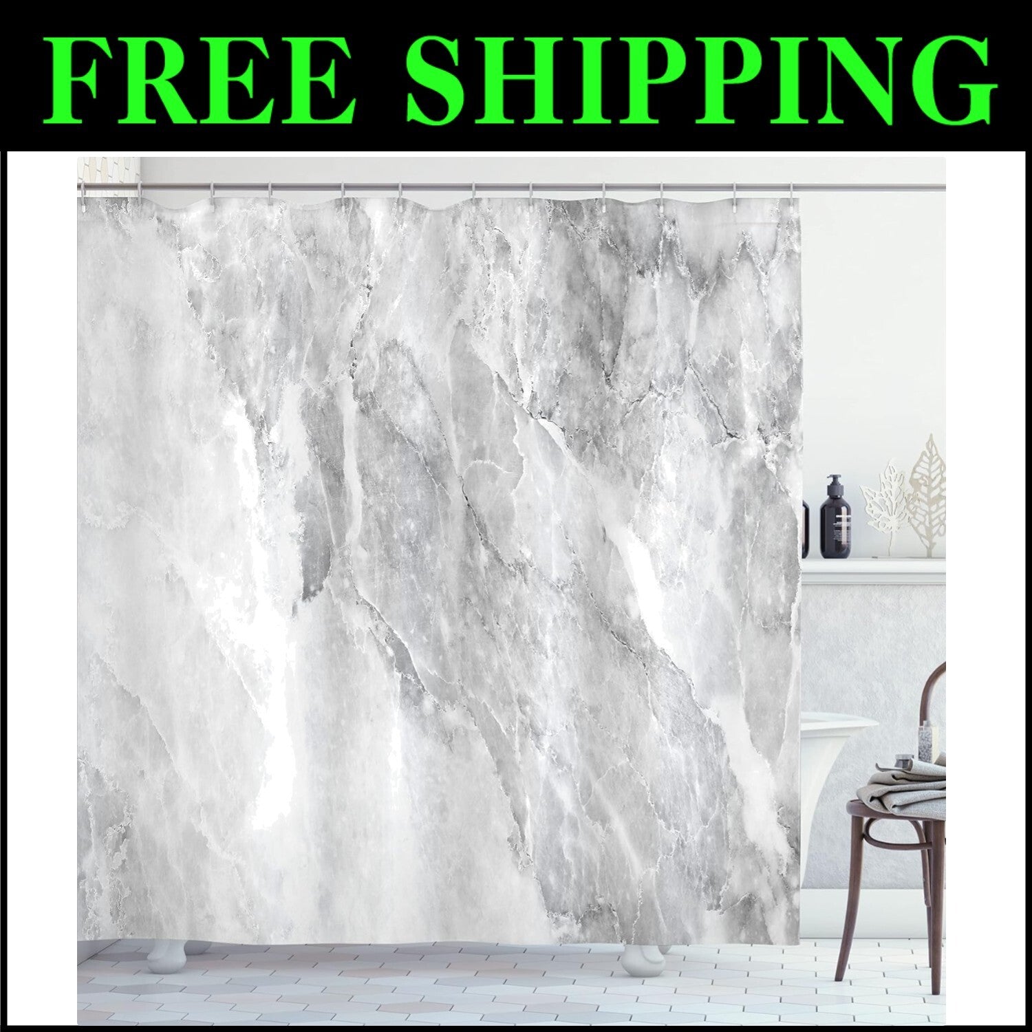 Unique White Grey Marble Pattern Shower Curtain - Modern Fabric Bathroom Style