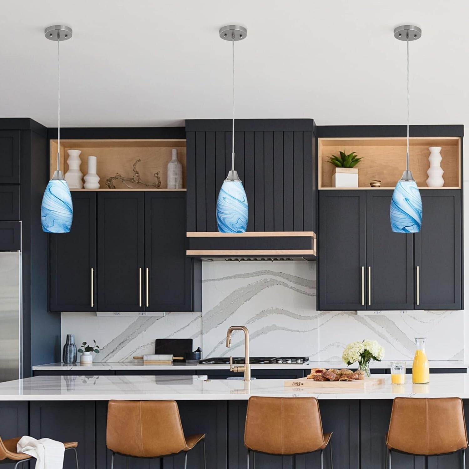 4.72" Adjustable Handblown Blue Glass Pendant Light - Art Deco Style Chandelier