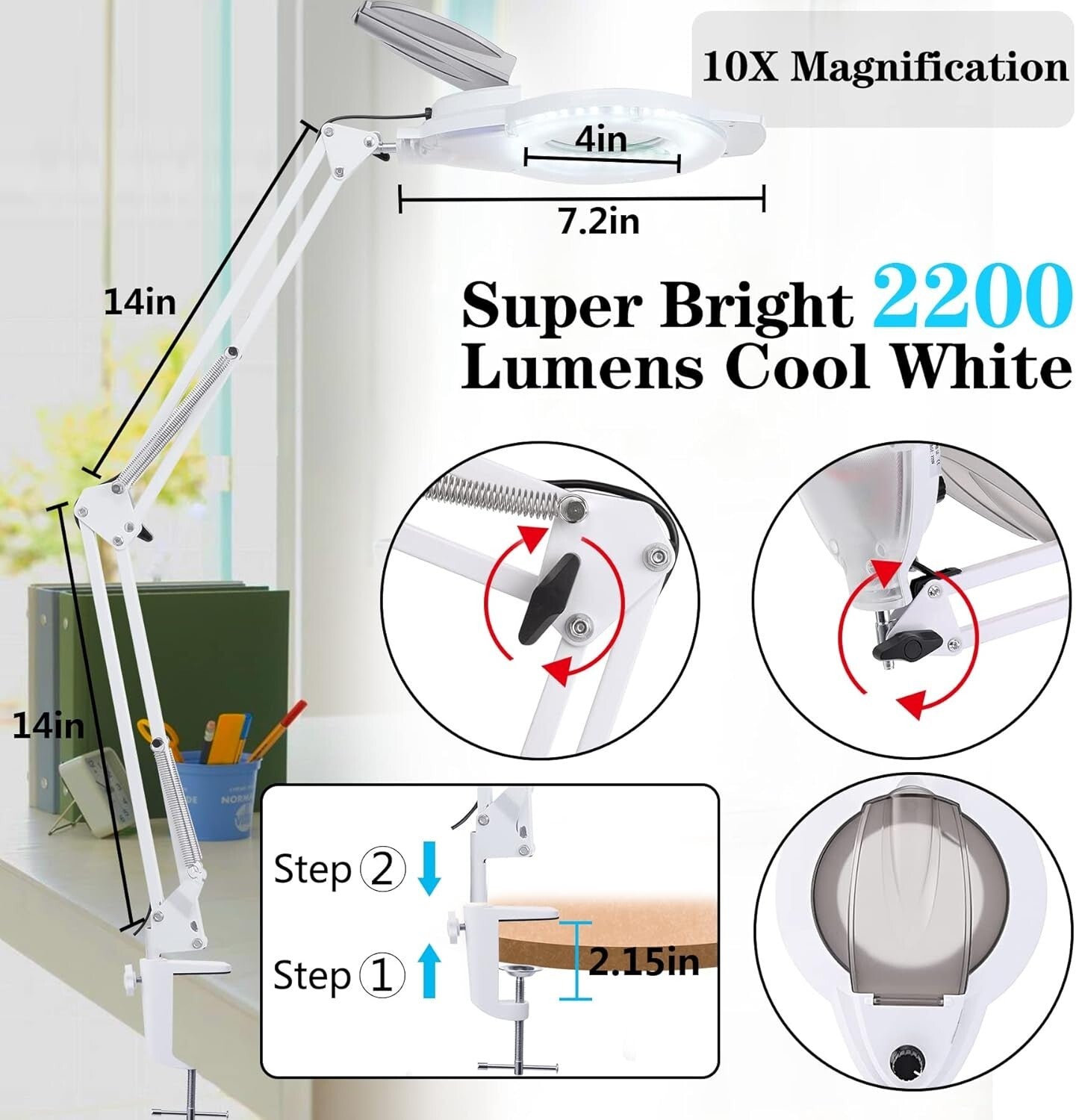 Bright 10X LED Magnifier Lamp with Clamp - Cool White Light for Crafts & Repairs
