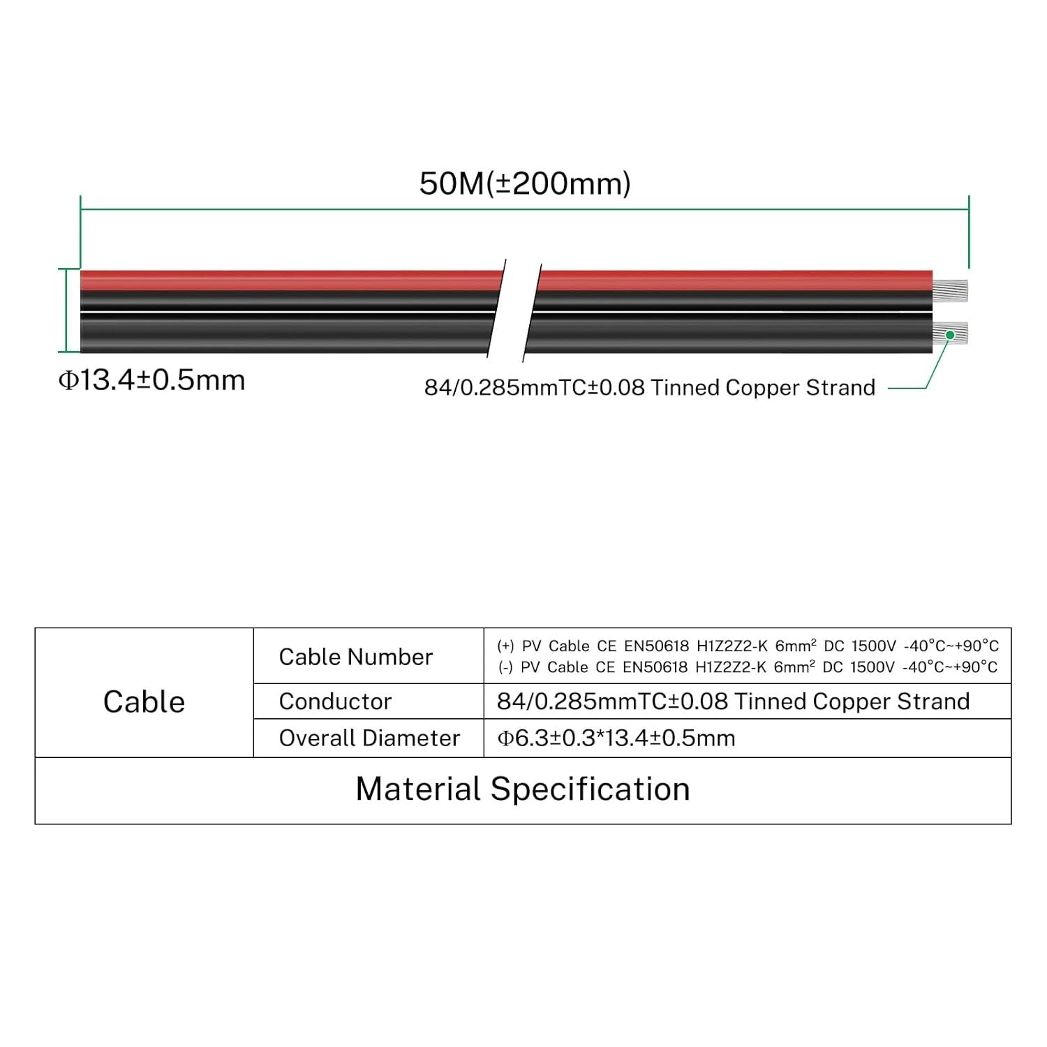 Versatile 10 AWG Solar Cable Pair - 164ft Tinned Copper Extension for Panels