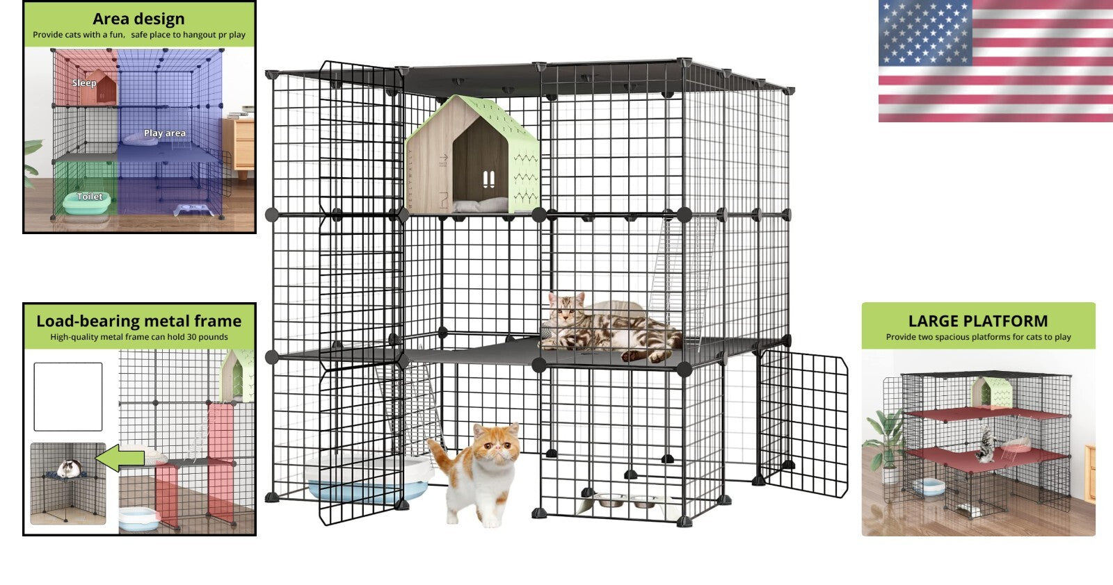 Detachable Indoor Cat Crate - 41” Playpen for 1-4 Cats with Ramp & Organization