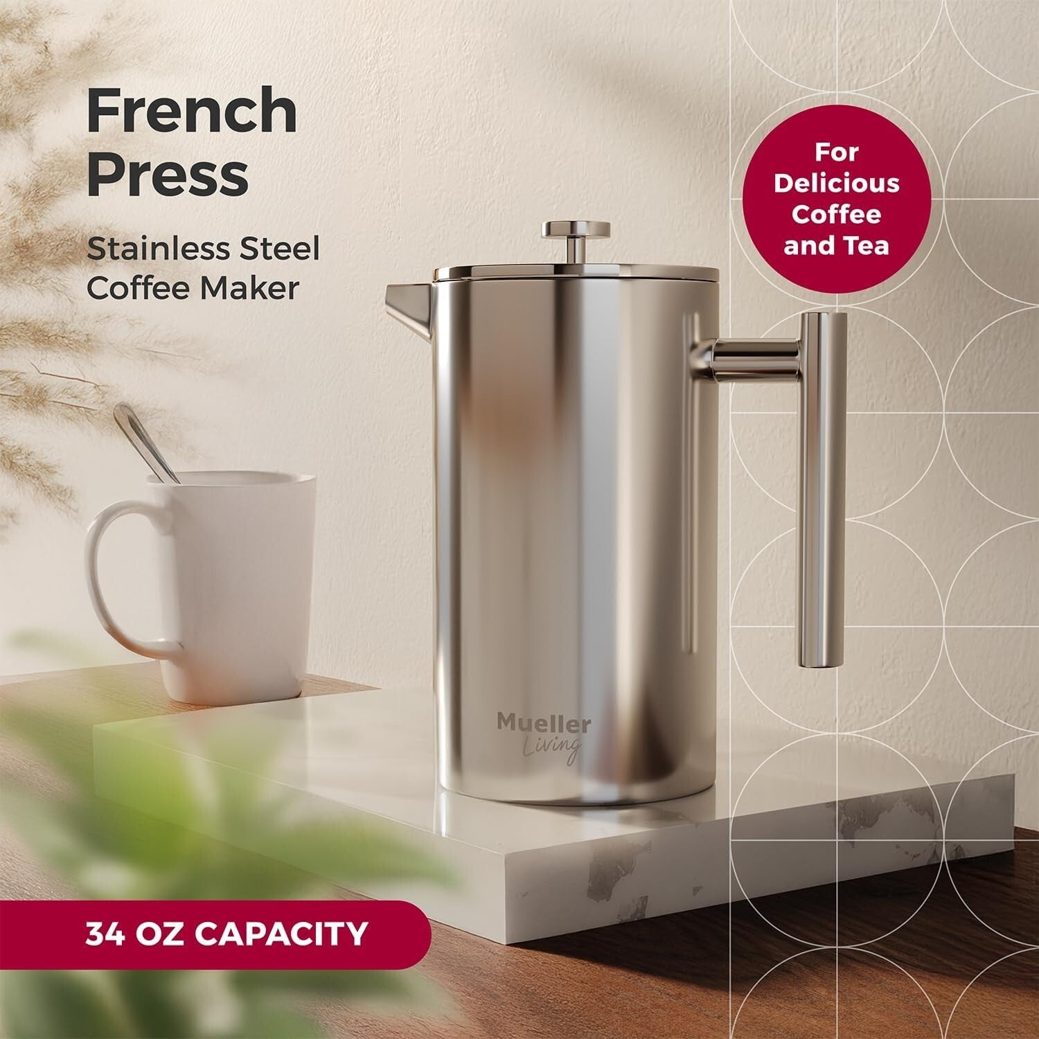 34oz Stainless Steel French Press with 4-Level Filtration for Rich Coffee Flavor