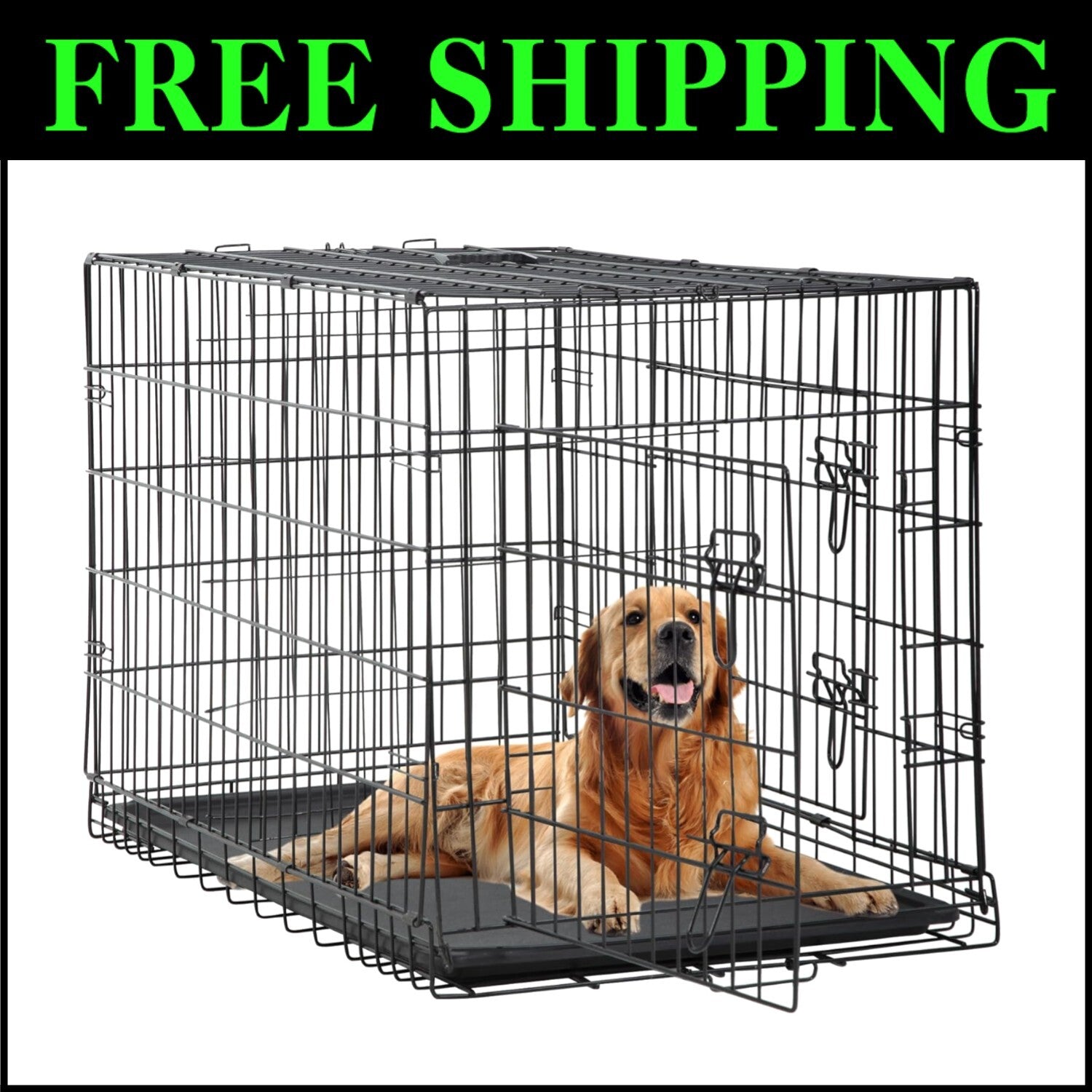 Durable 48-Inch Folding Dog Crate with Double Doors & Removable Tray for Pets
