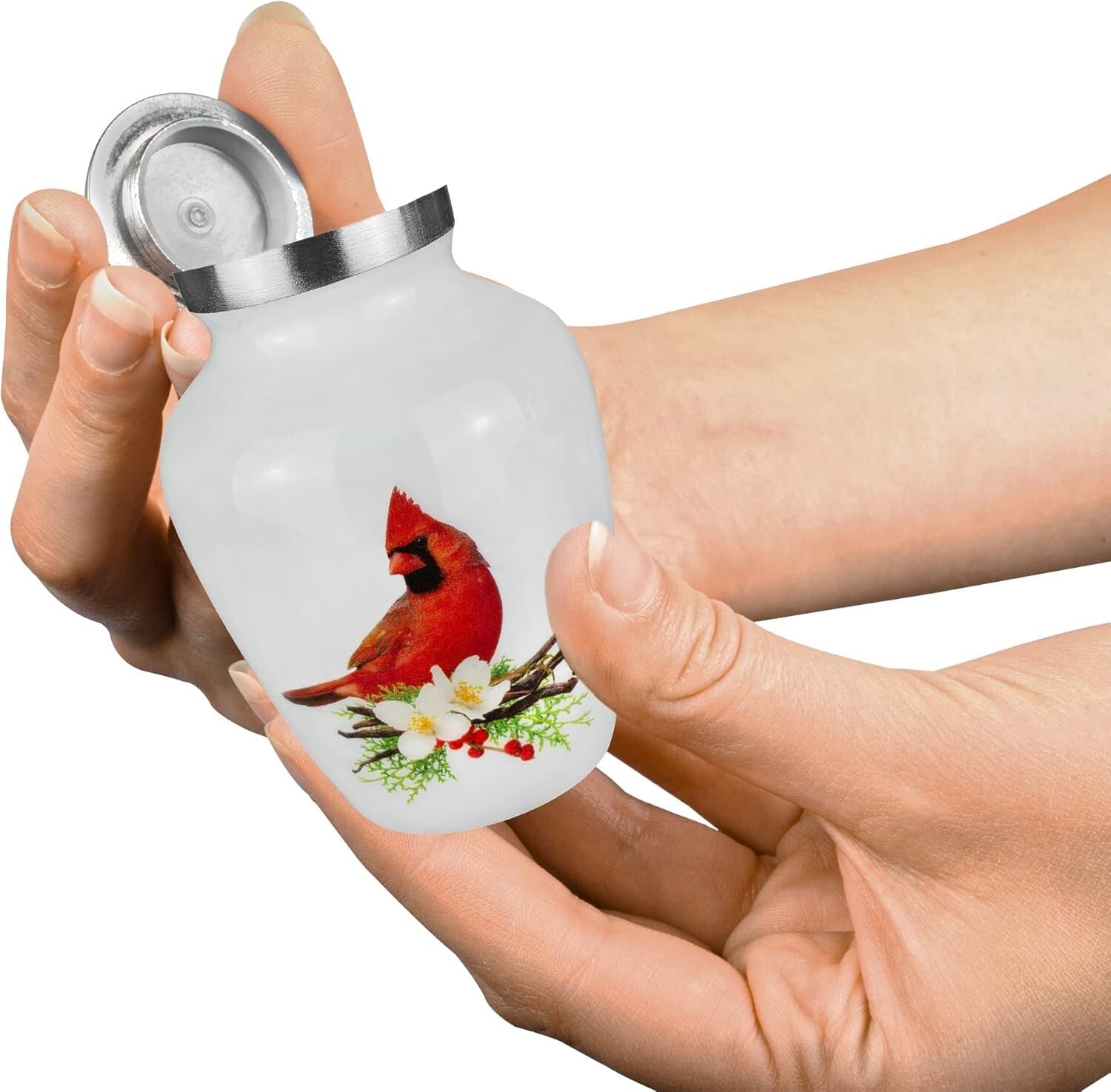 Set of 4 Mini Cremation Urns with Stunning Red Cardinal Design for Keepsakes