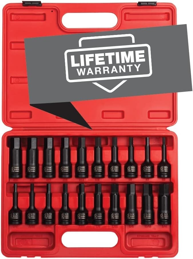 20-Piece 1/2" Drive Impact Hex Driver Set: SAE & Metric, Cr-Mo Steel Quality
