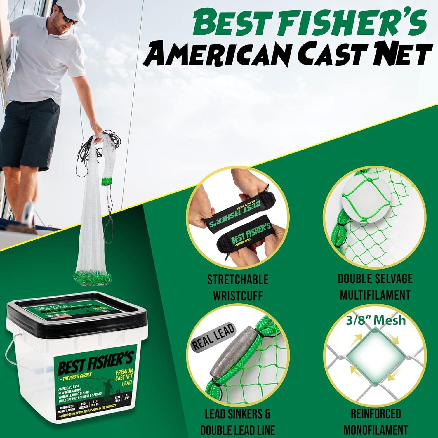 All-in-One Fishing Cast Net with Repair Kit - Sizes from 4ft to 12ft Available