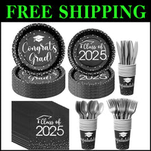 Load image into Gallery viewer, 700pcs Graduation Party Supplies - Stylish Black &amp; Silver Plates &amp; Napkins