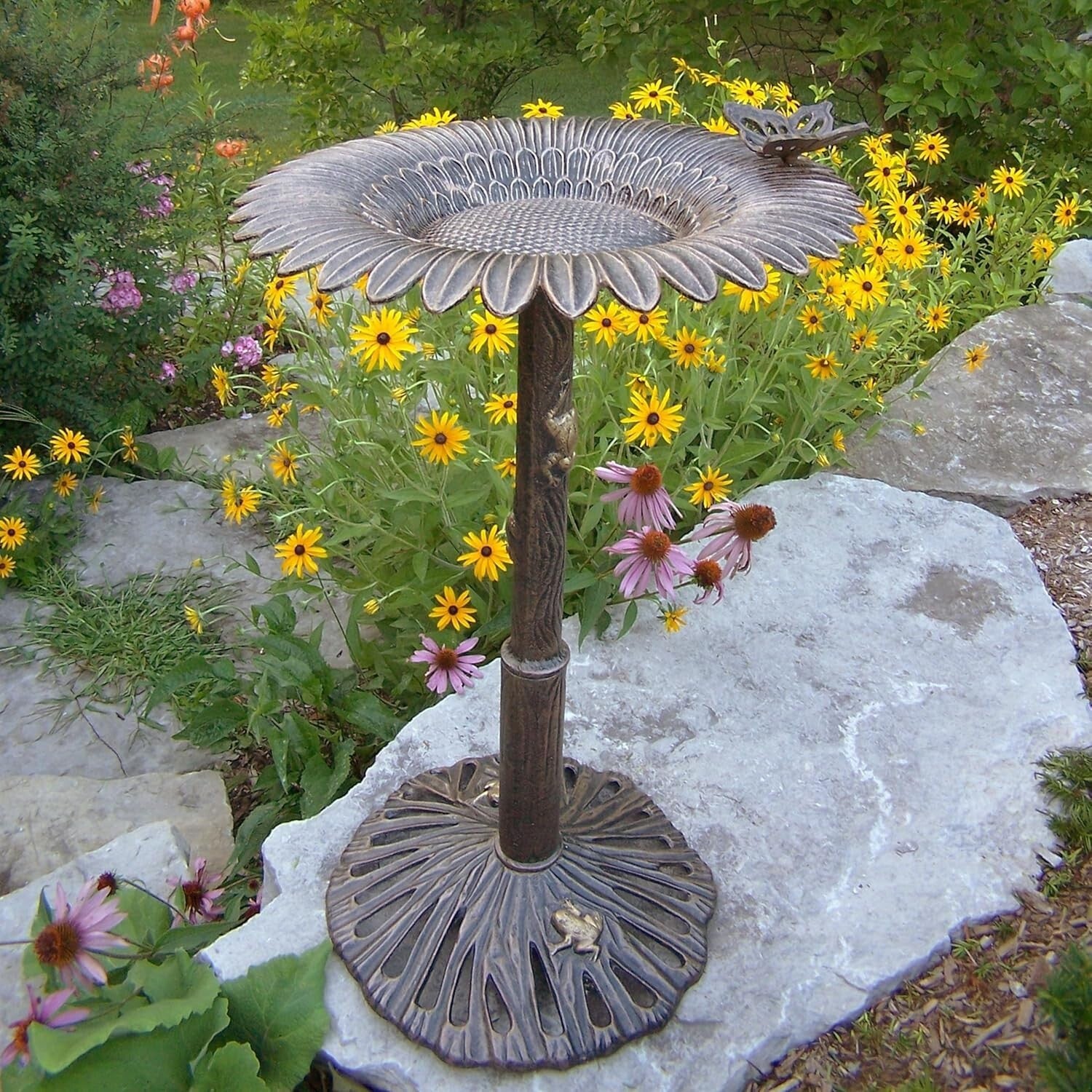 Durable Round 32-in Bronze Bird Bath with Butterfly Motifs for Outdoor Beauty