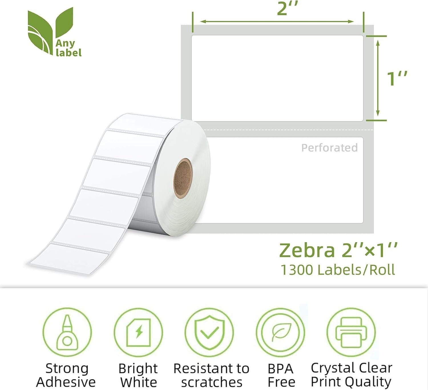 Customizable 2" x 1" Perforated Labels - Compatible with Rollo, Zebra Printers
