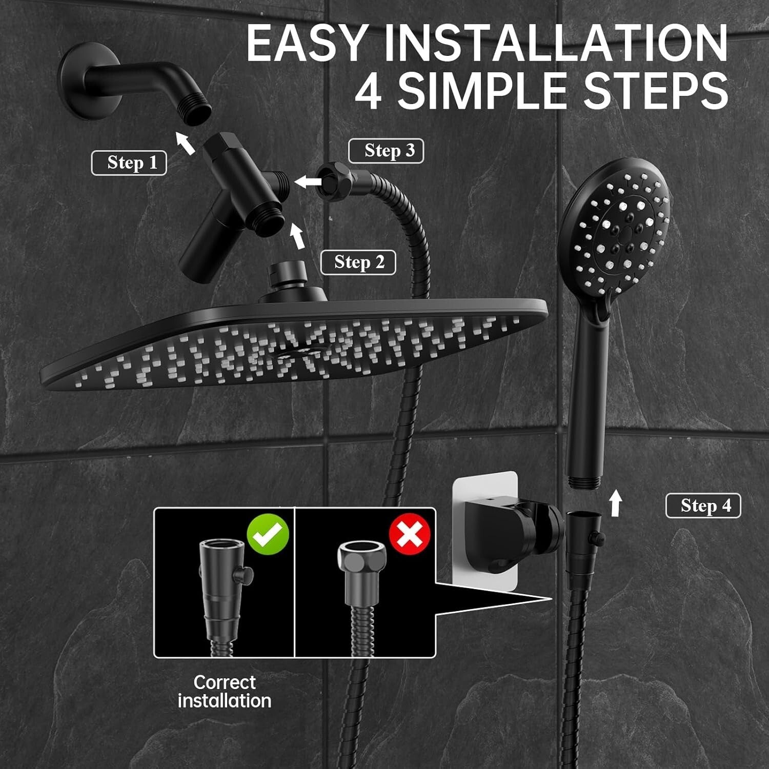 Luxurious 11.8-Inch Eco Flow Shower Head with 6 Settings - Matte Black Finish