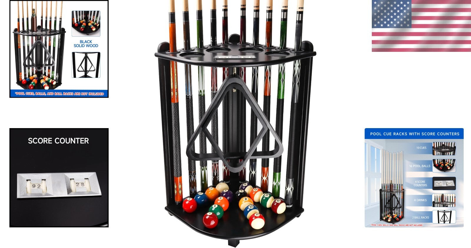 Elegant Black Wood Corner Billiard Stand with Cup Holders and Easy Installation