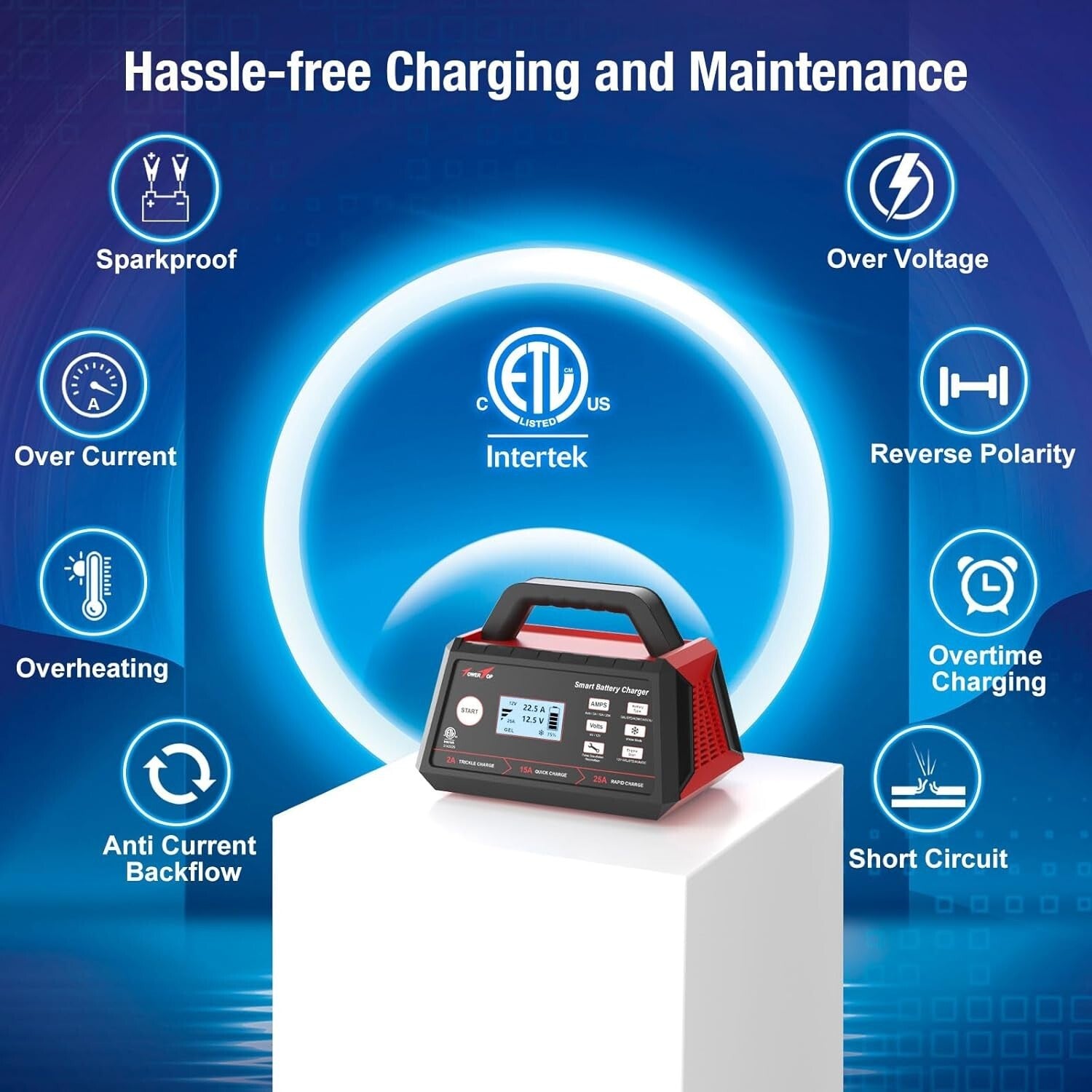 Smart 12V Car Battery Charger: 25A Fast Charging & Maintenance for All Batteries