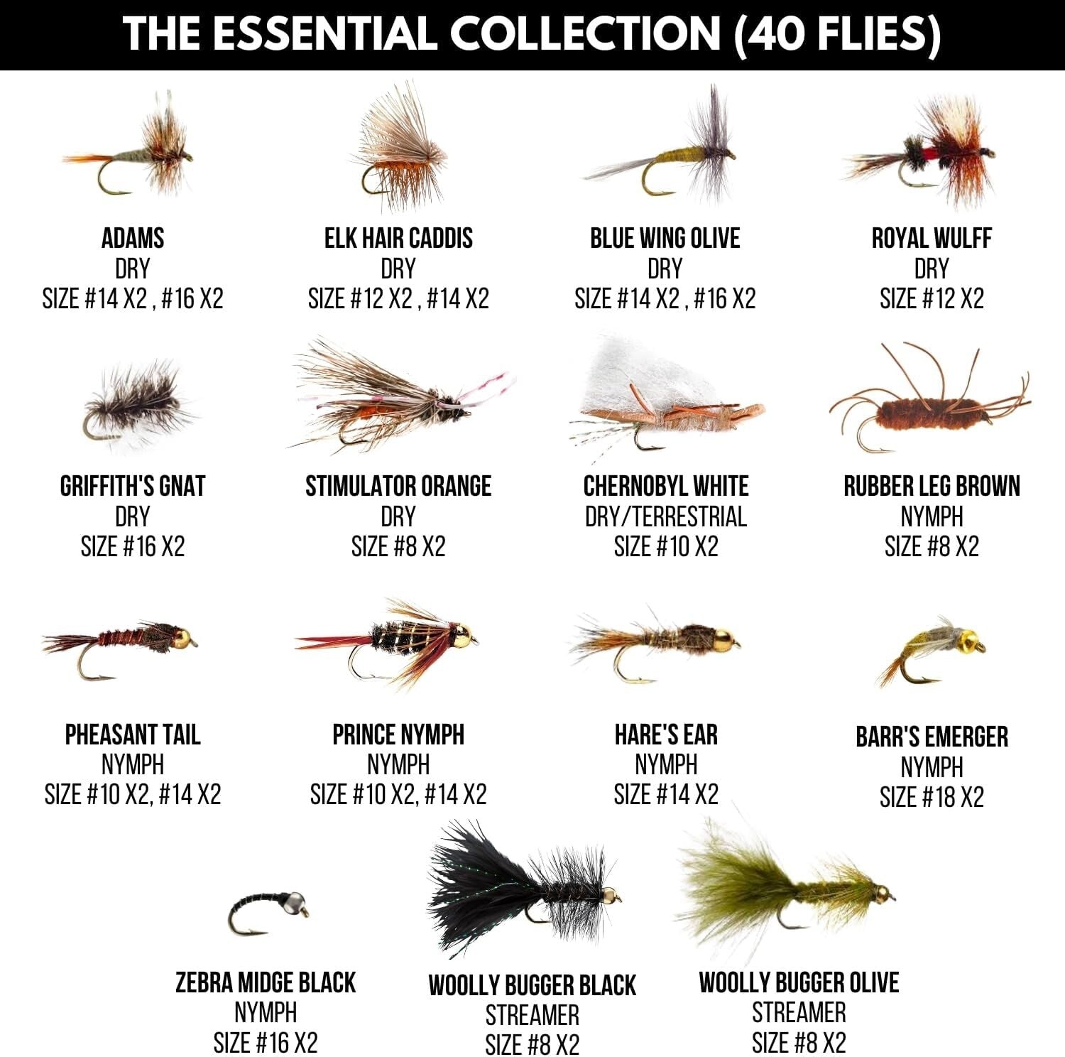 Versatile 40-Piece Fly Fishing Flies Set - Includes Dry, Wet, Nymphs & Streamers