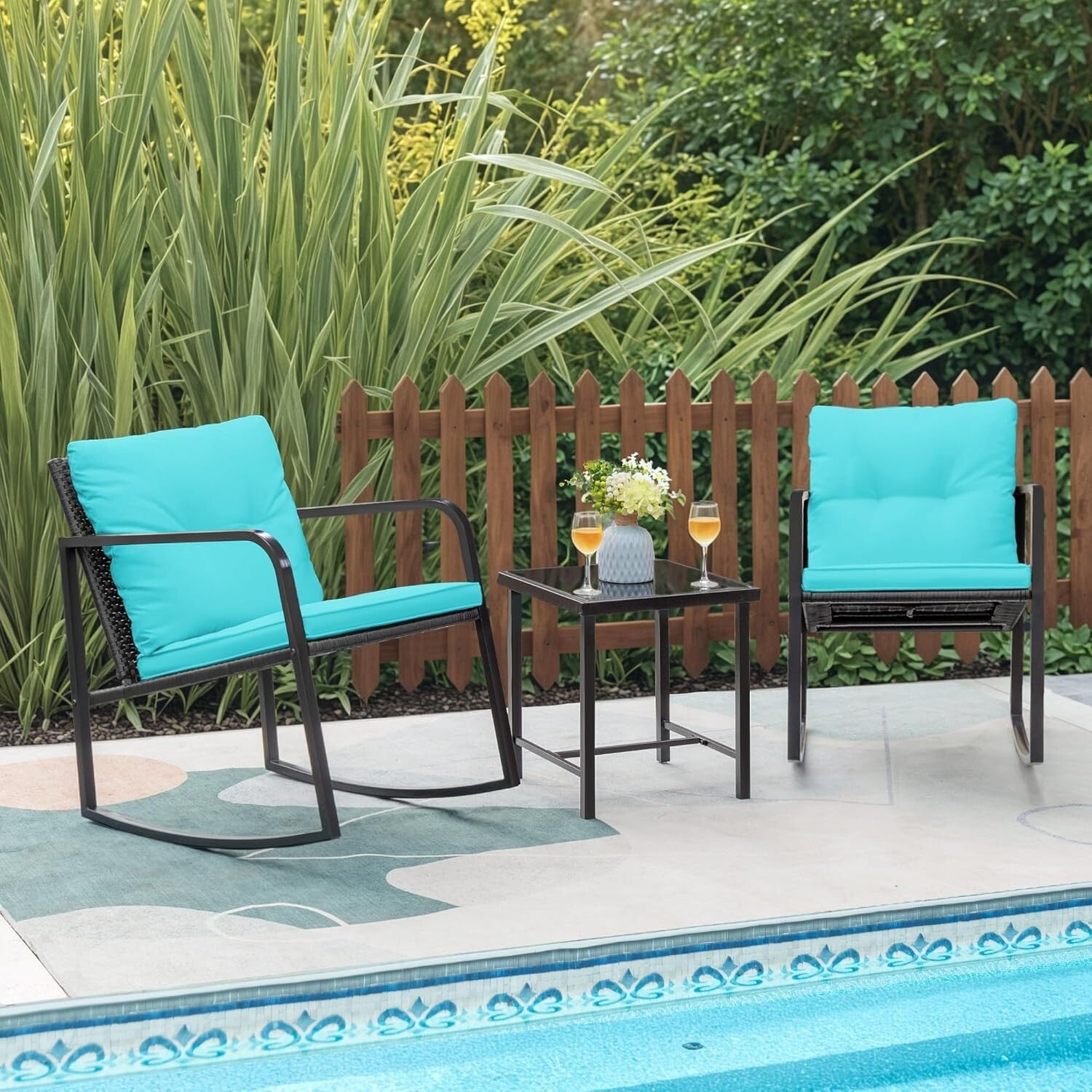 Durable Patio 3-Piece Rocking Wicker Set with Glass Table - Blue Elegance