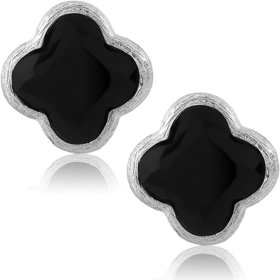 Elegant 18K Gold Plated Sterling Silver Flower Clover Black Onyx Stud Earrings