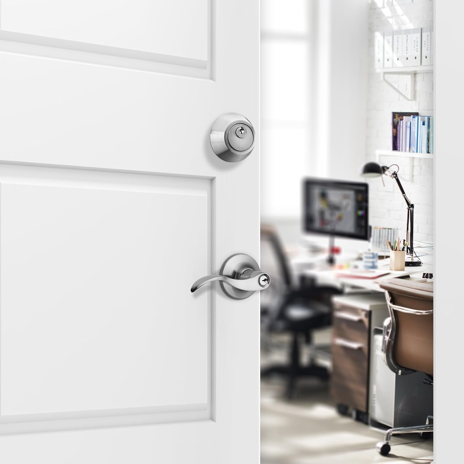 Alloy Steel Reversible Lever Handle & Adjustable Deadbolt Set in Satin Finish